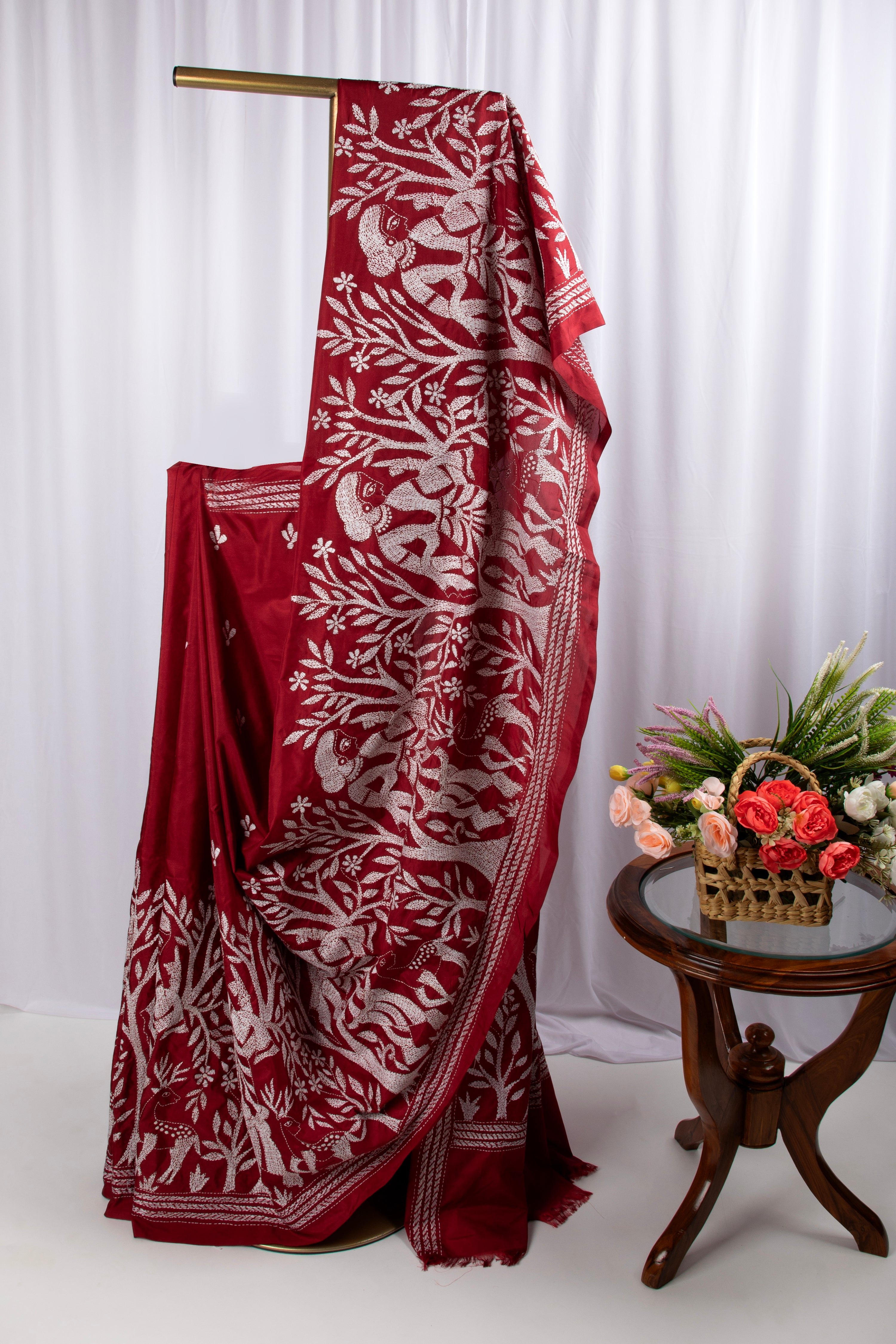 Maroon kantha stitch saree in blended silk