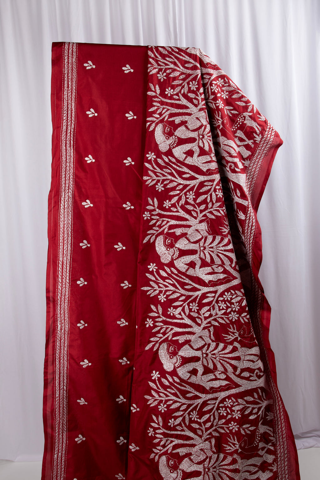 Maroon kantha stitch saree in blended silk