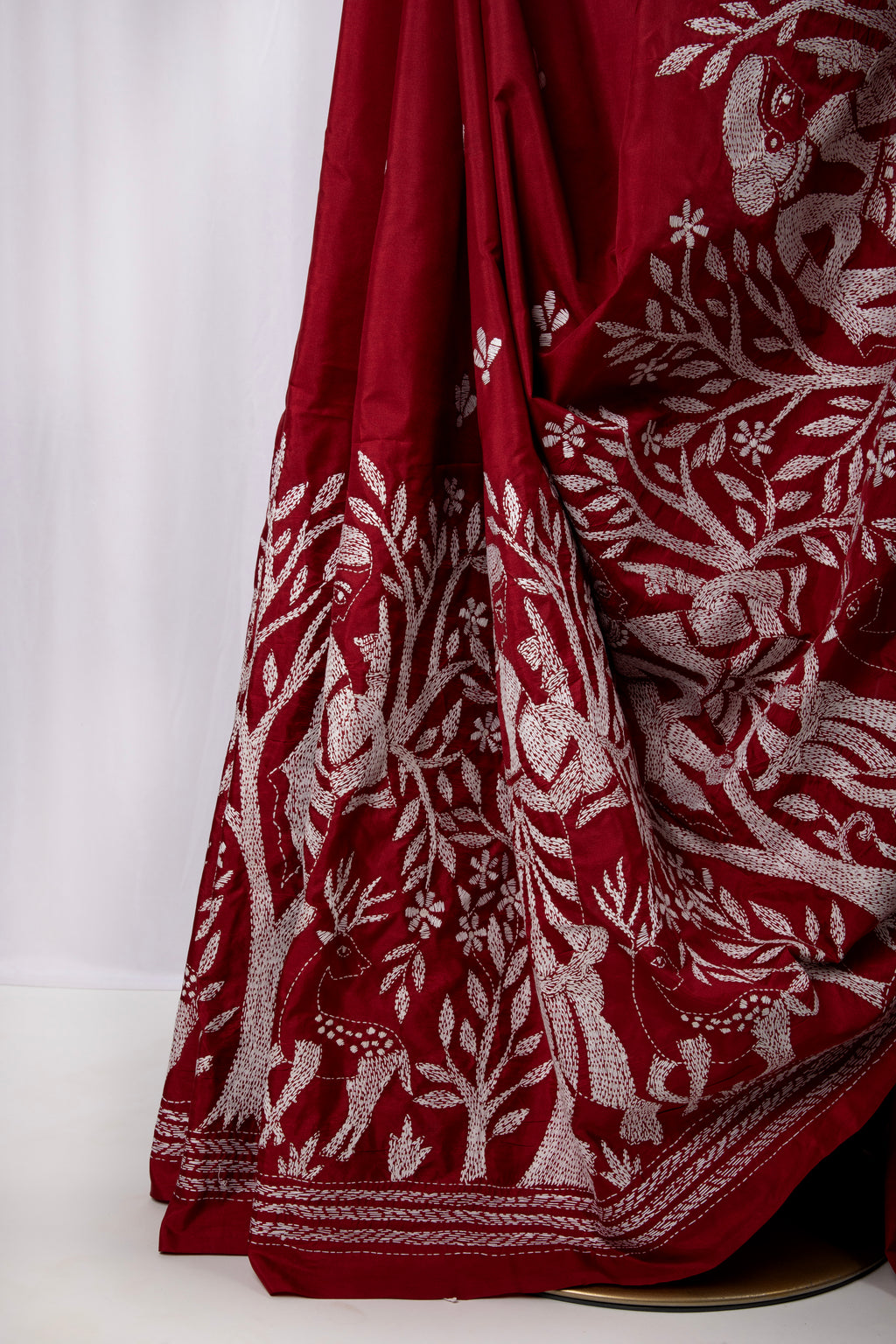 Maroon kantha stitch saree in blended silk