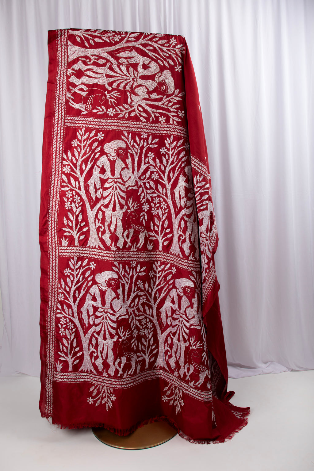 Maroon kantha stitch saree in blended silk
