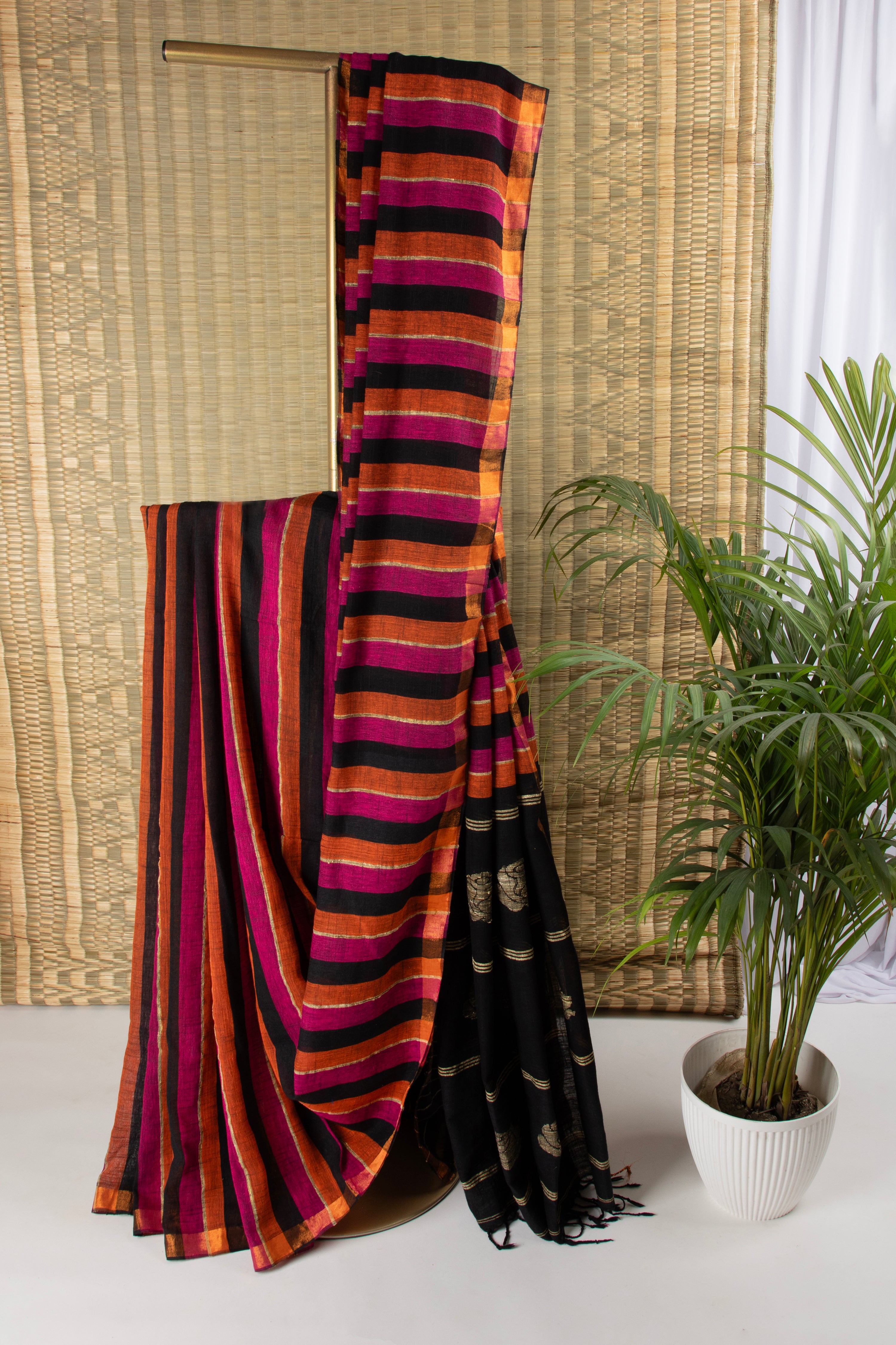 Black multi striped jute cotton saree