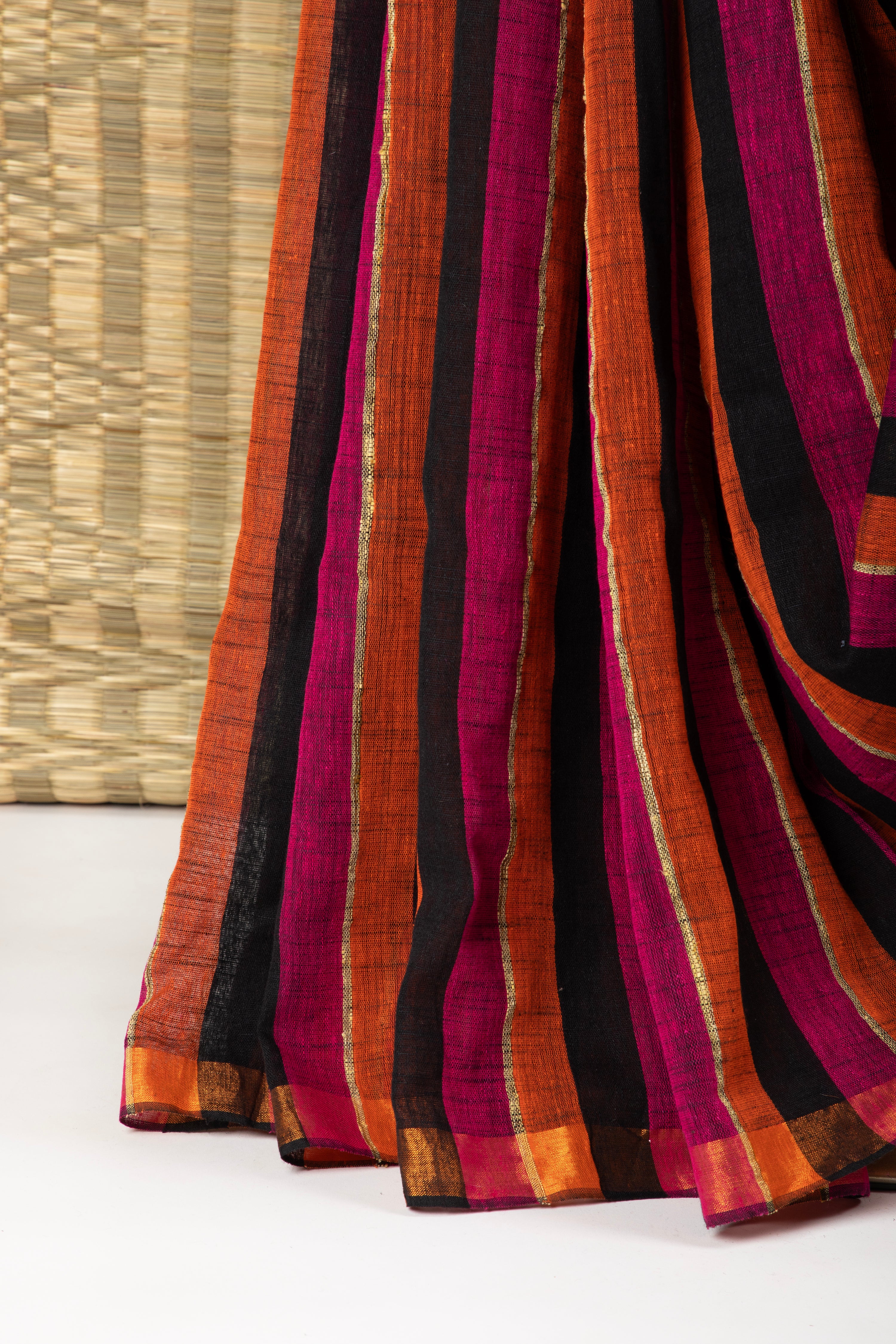 Black multi striped jute cotton saree
