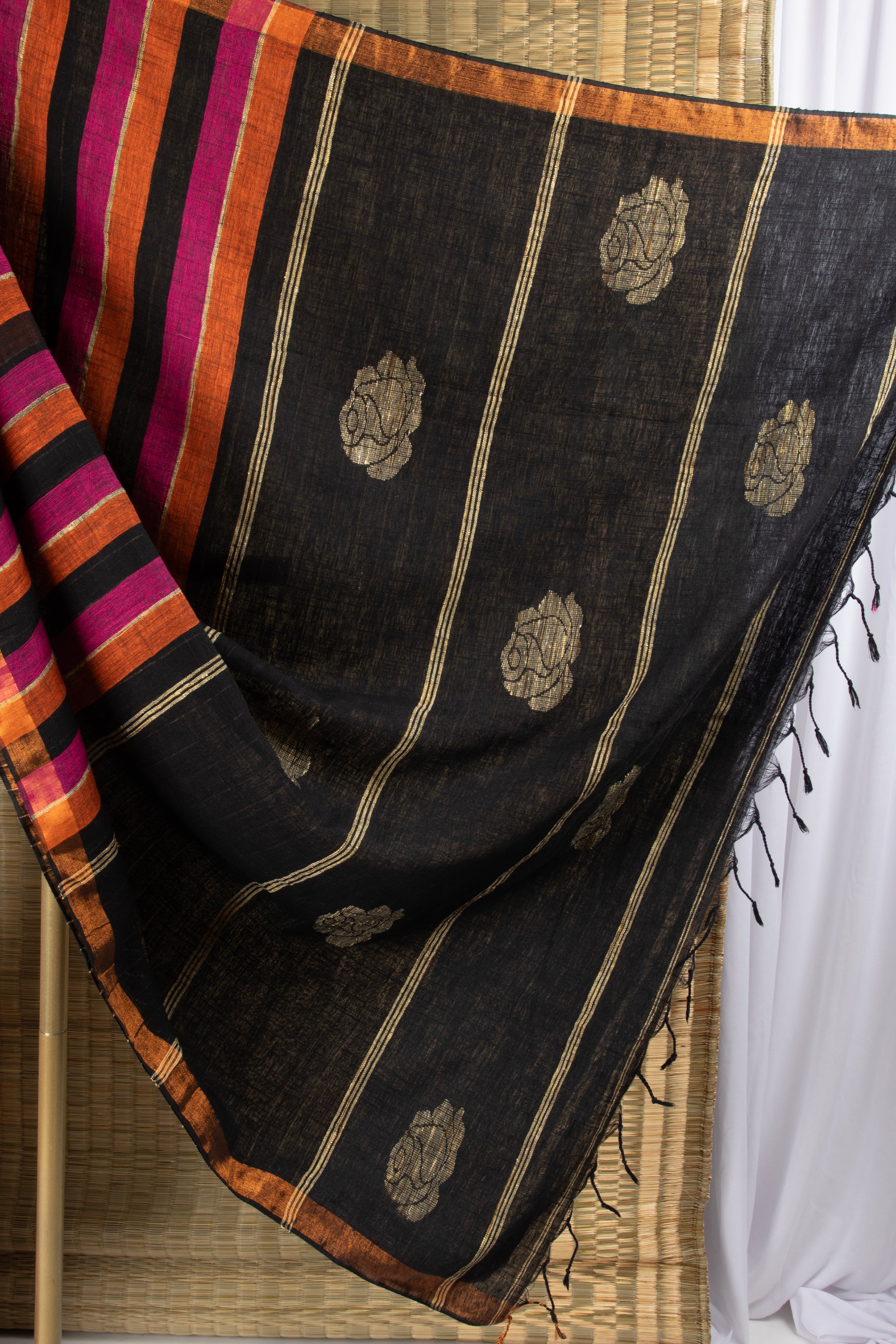 Black multi striped jute cotton saree