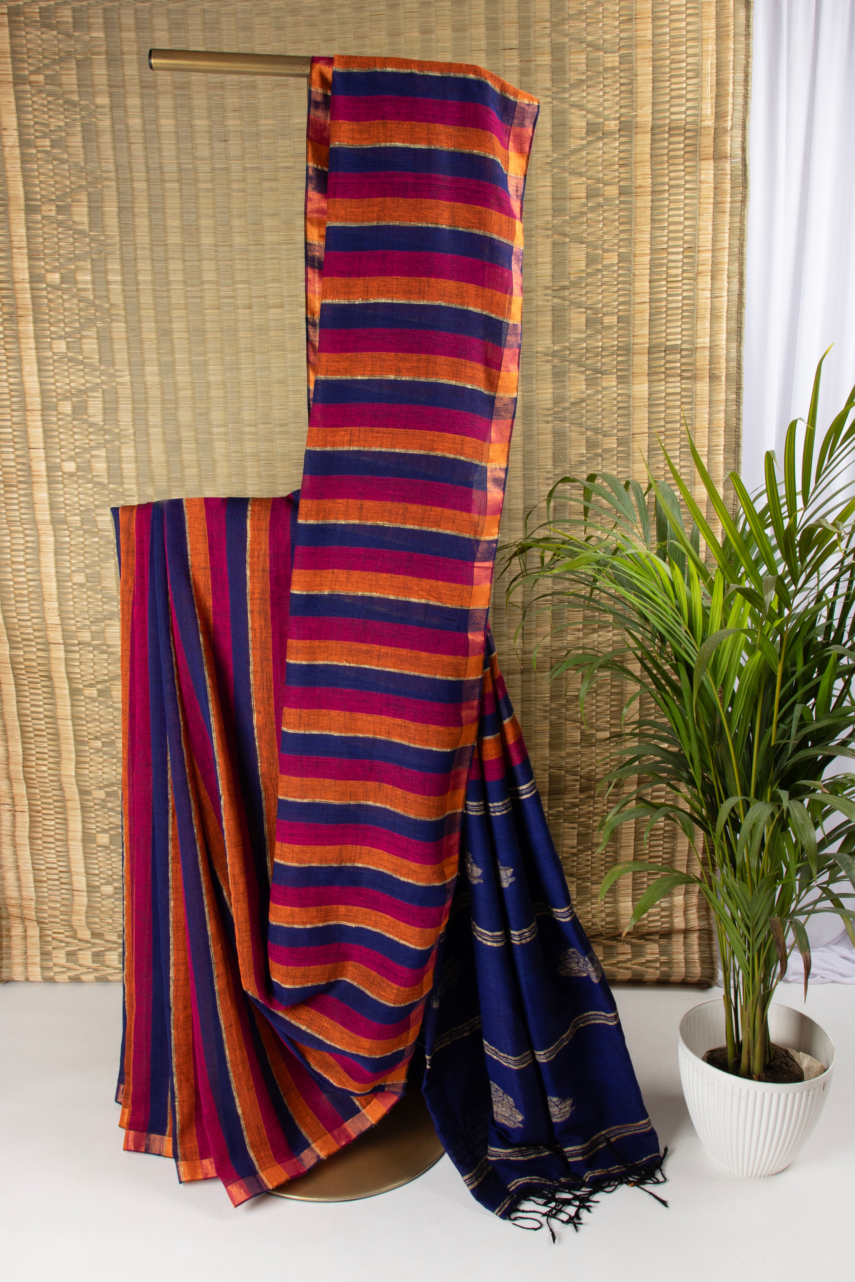 Blue multi stripe jute linen saree