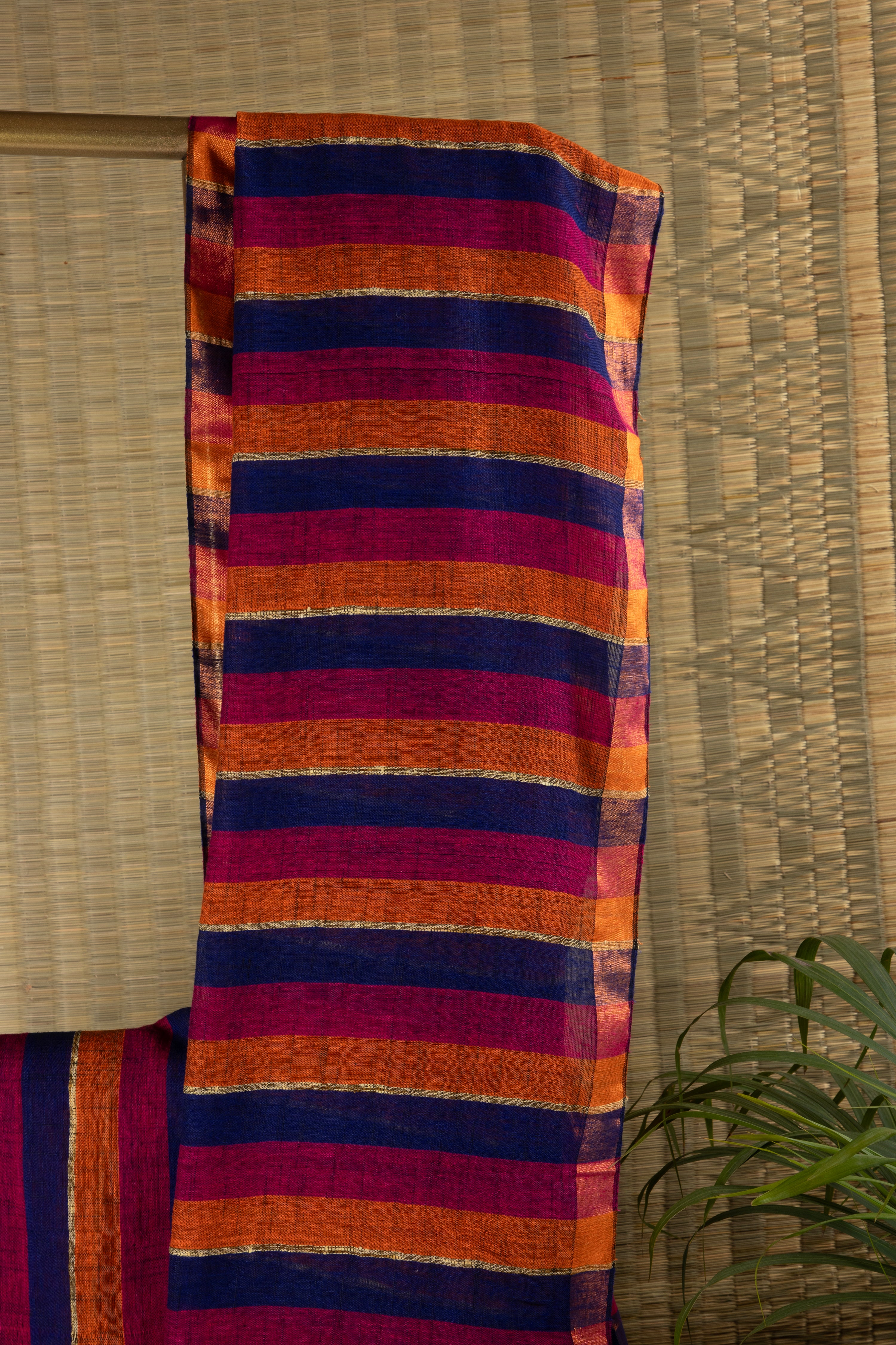 Blue multi stripe jute linen saree