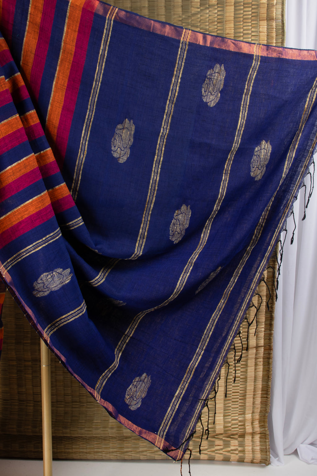 Blue multi stripe jute linen saree