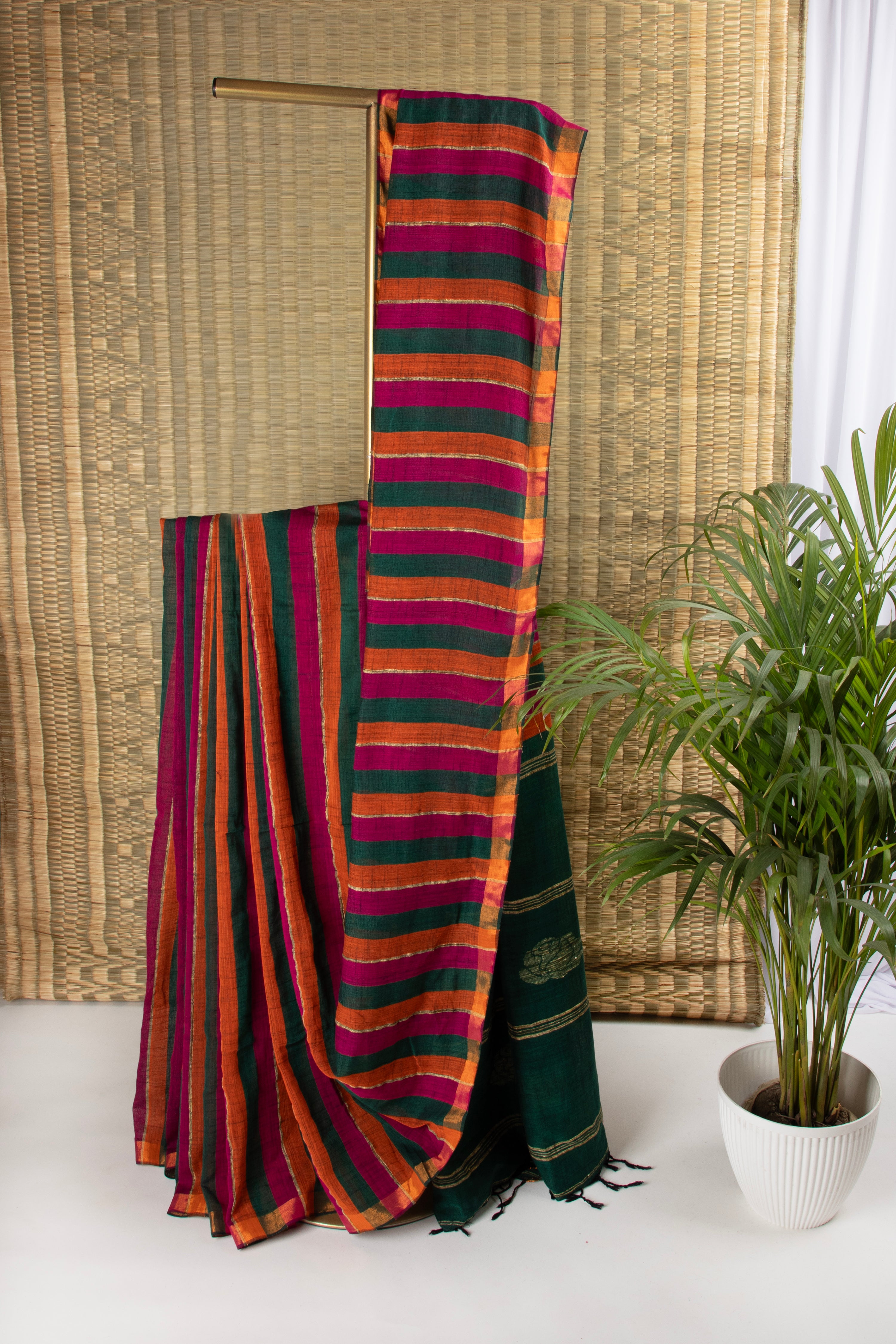 Dark green striped jute linen saree
