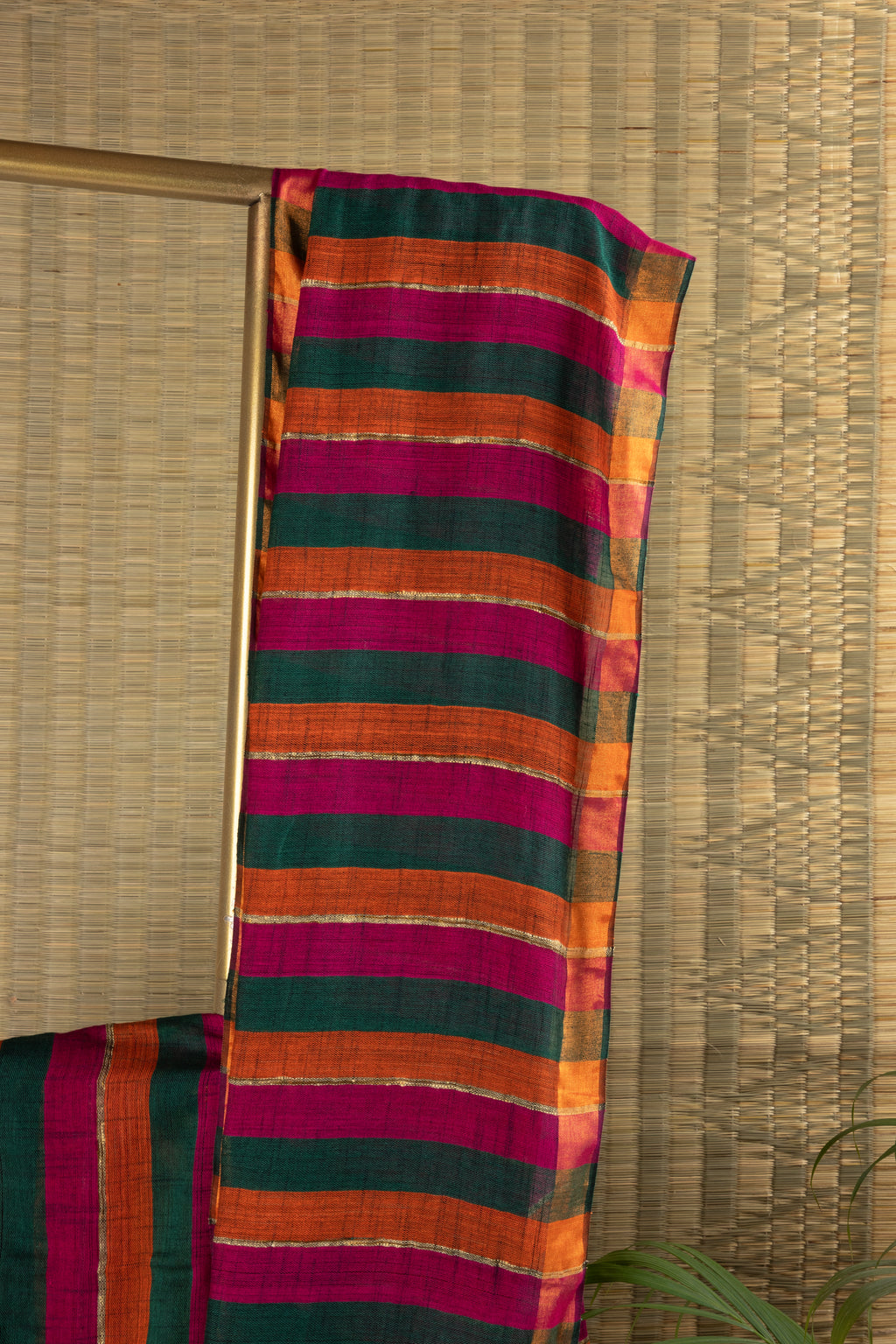 Dark green striped jute linen saree