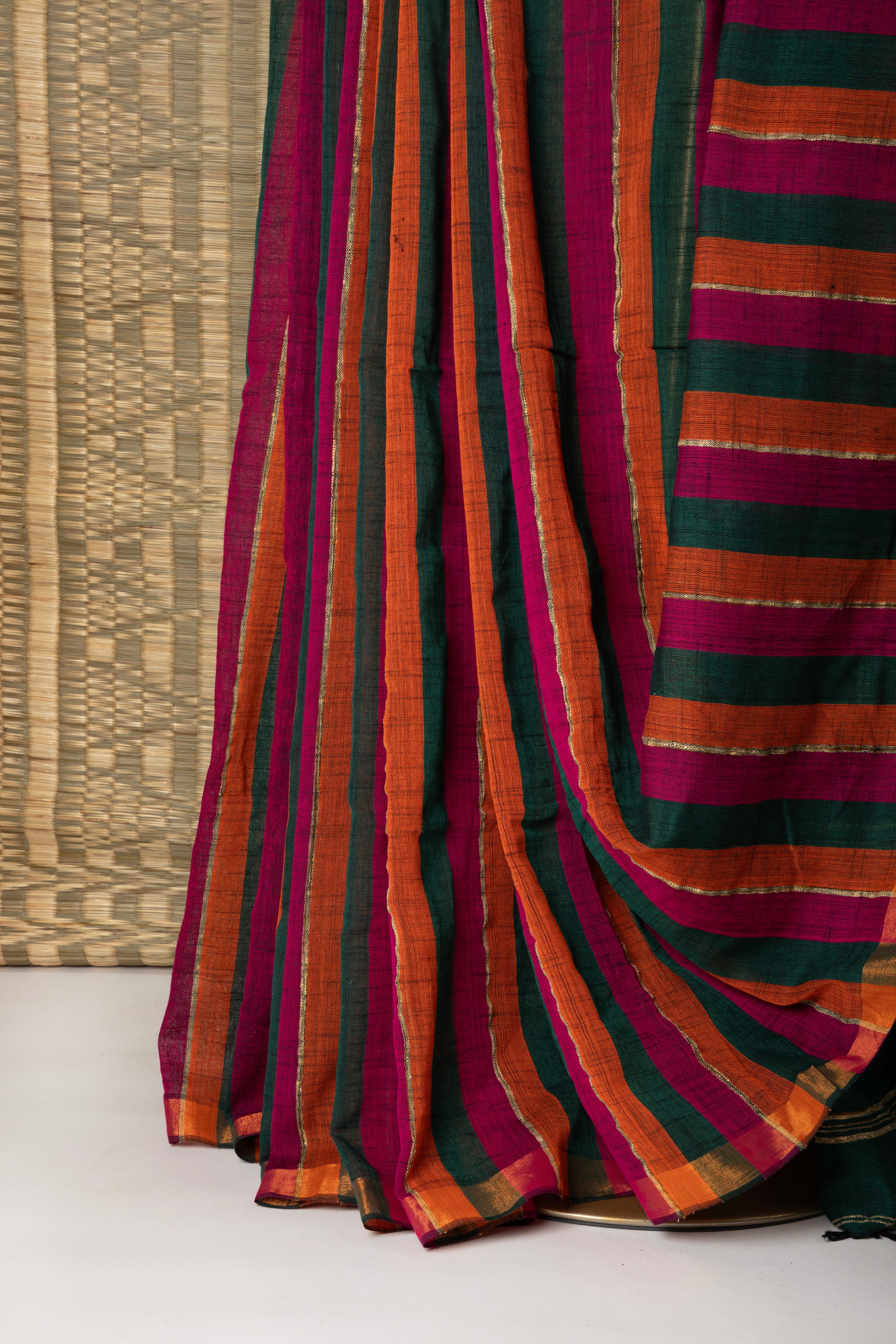 Dark green striped jute linen saree