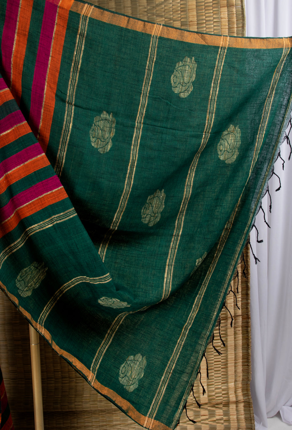 Dark green striped jute linen saree