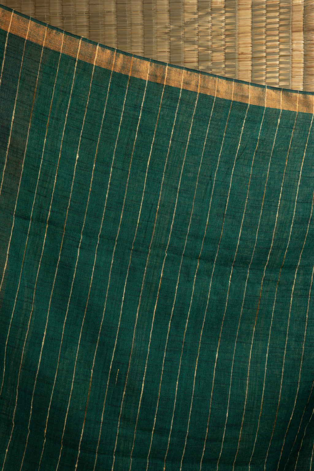 Dark green striped jute linen saree