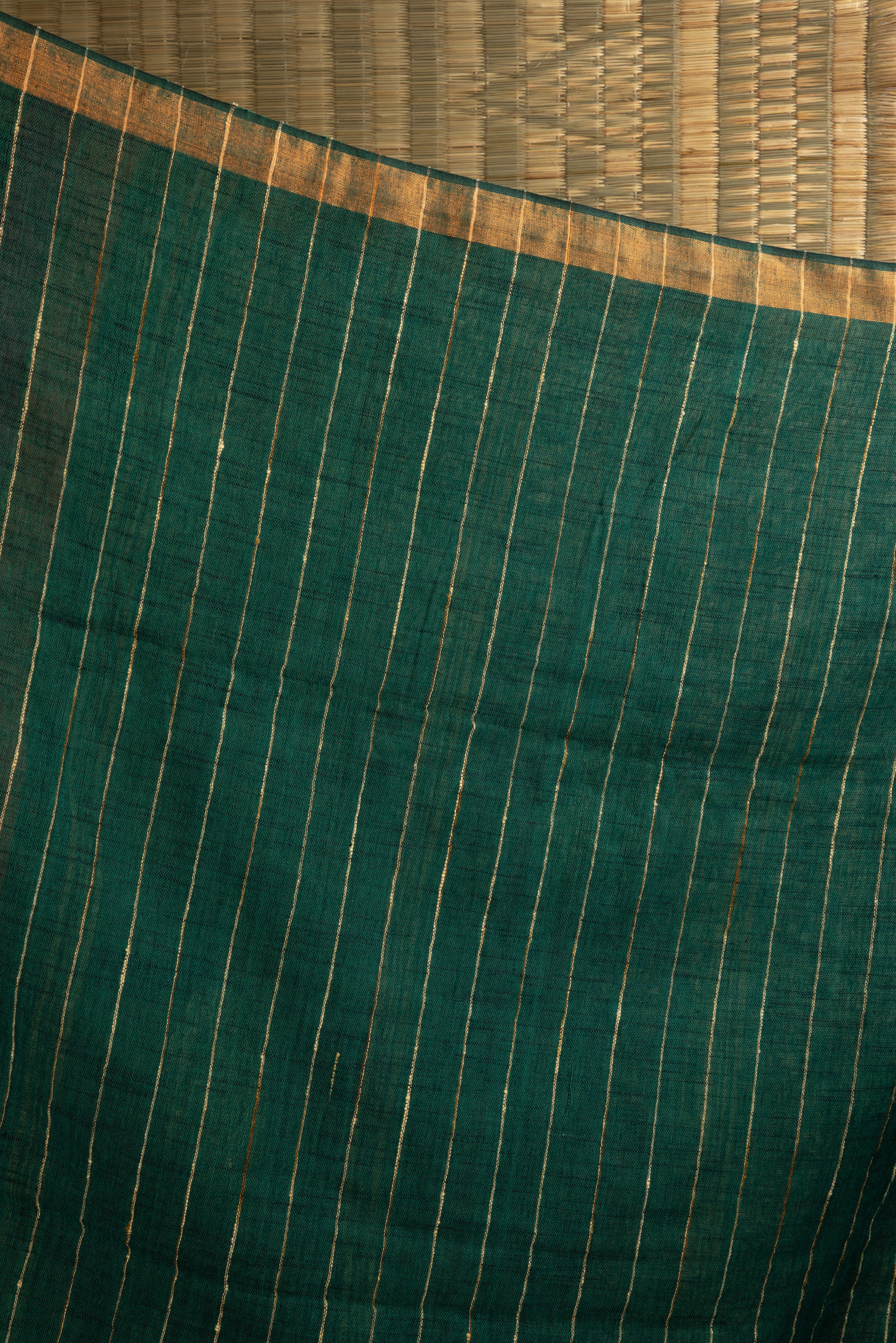 Dark green striped jute linen saree