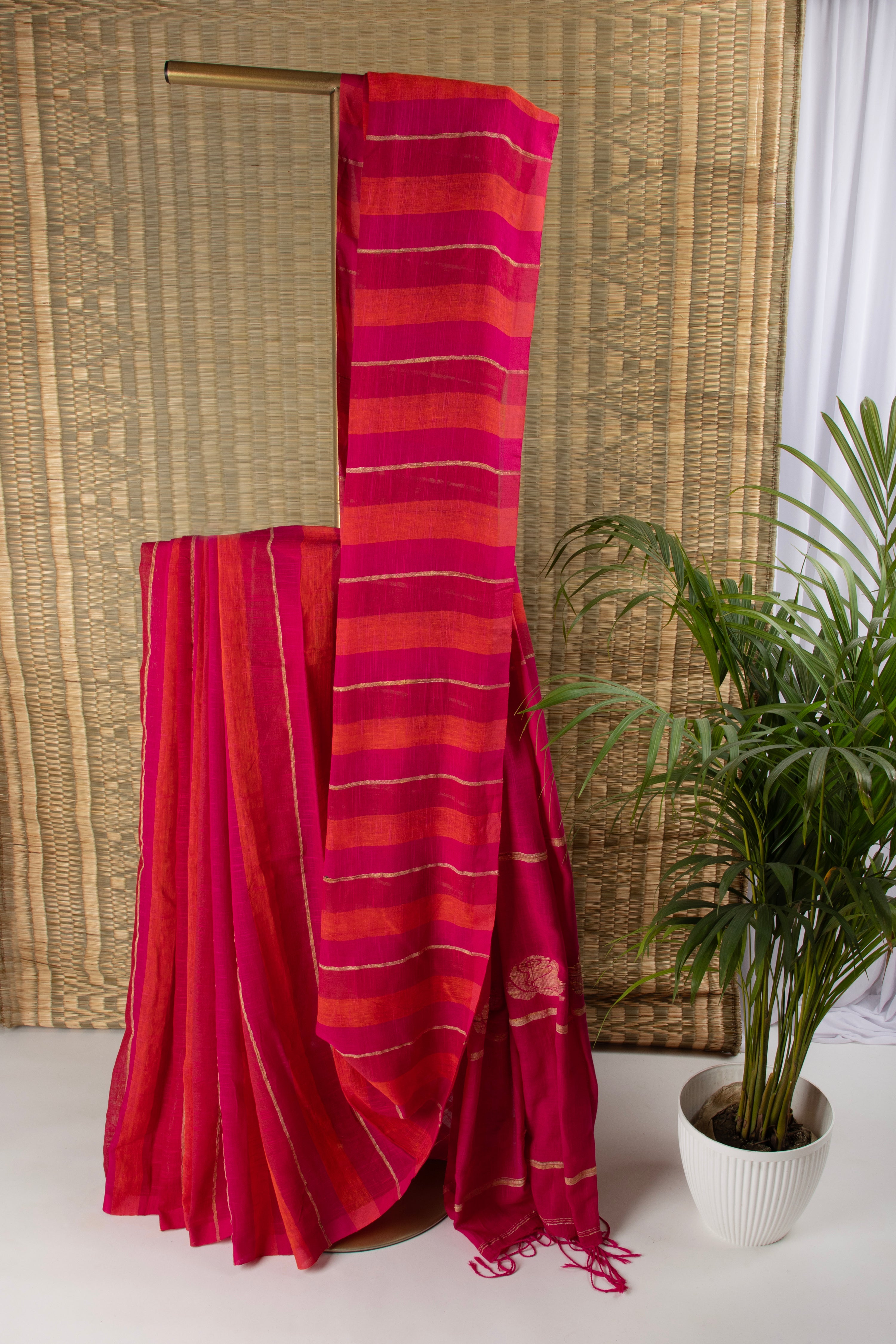 Pink multi stripe jute linen saree
