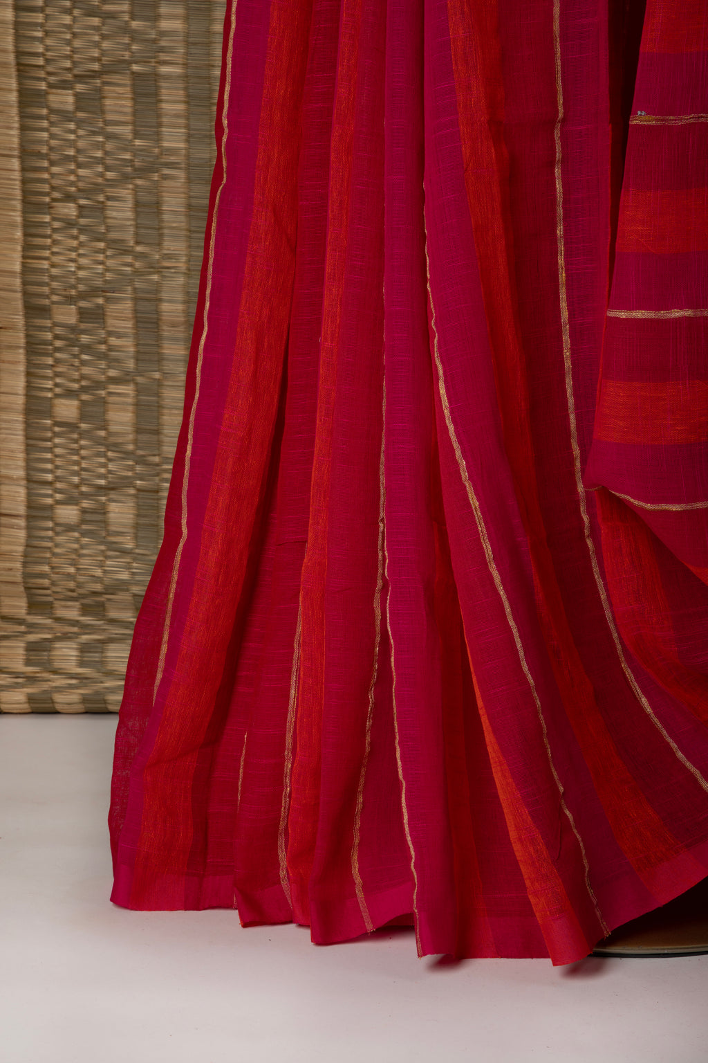 Pink multi stripe jute linen saree