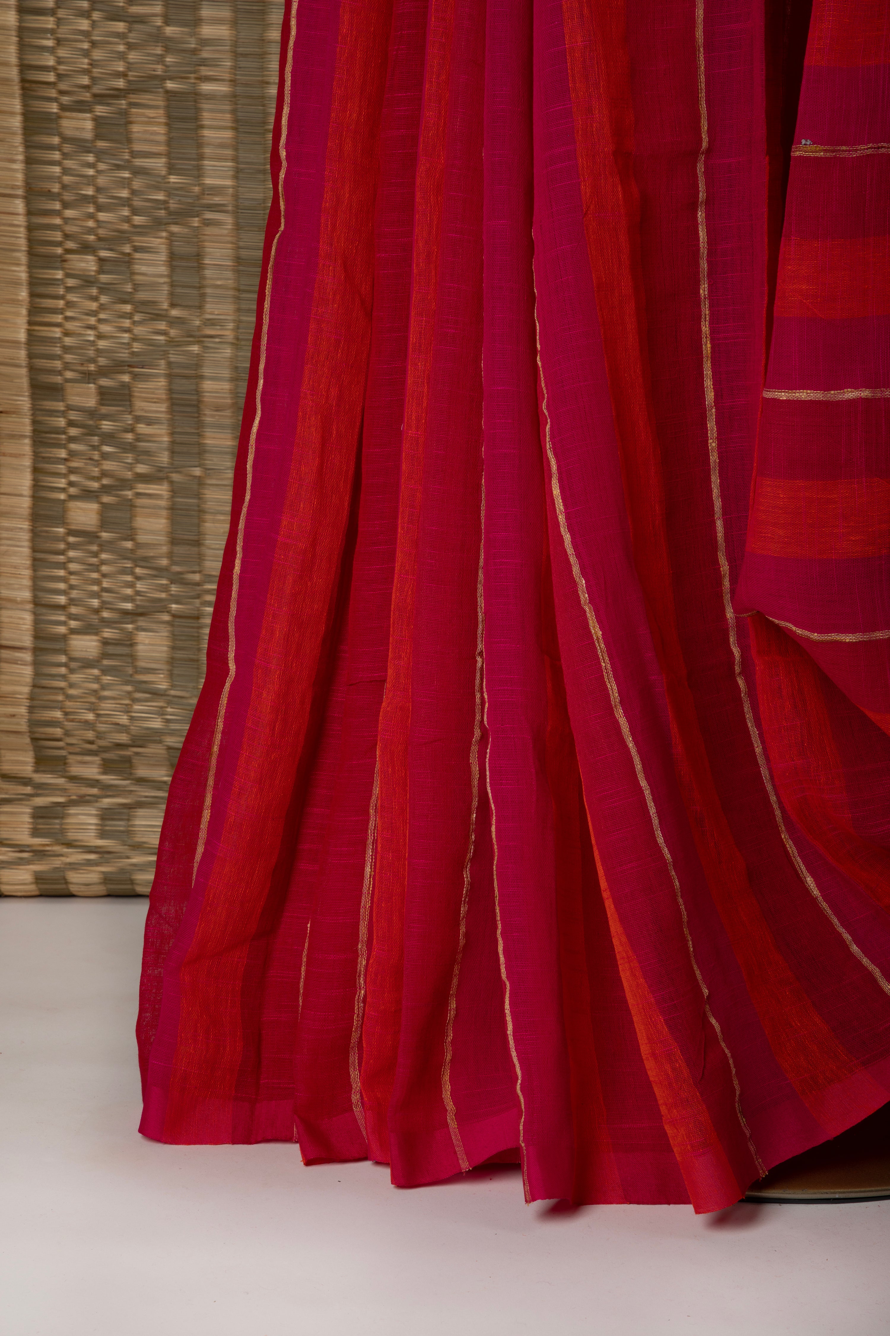 Pink multi stripe jute linen saree