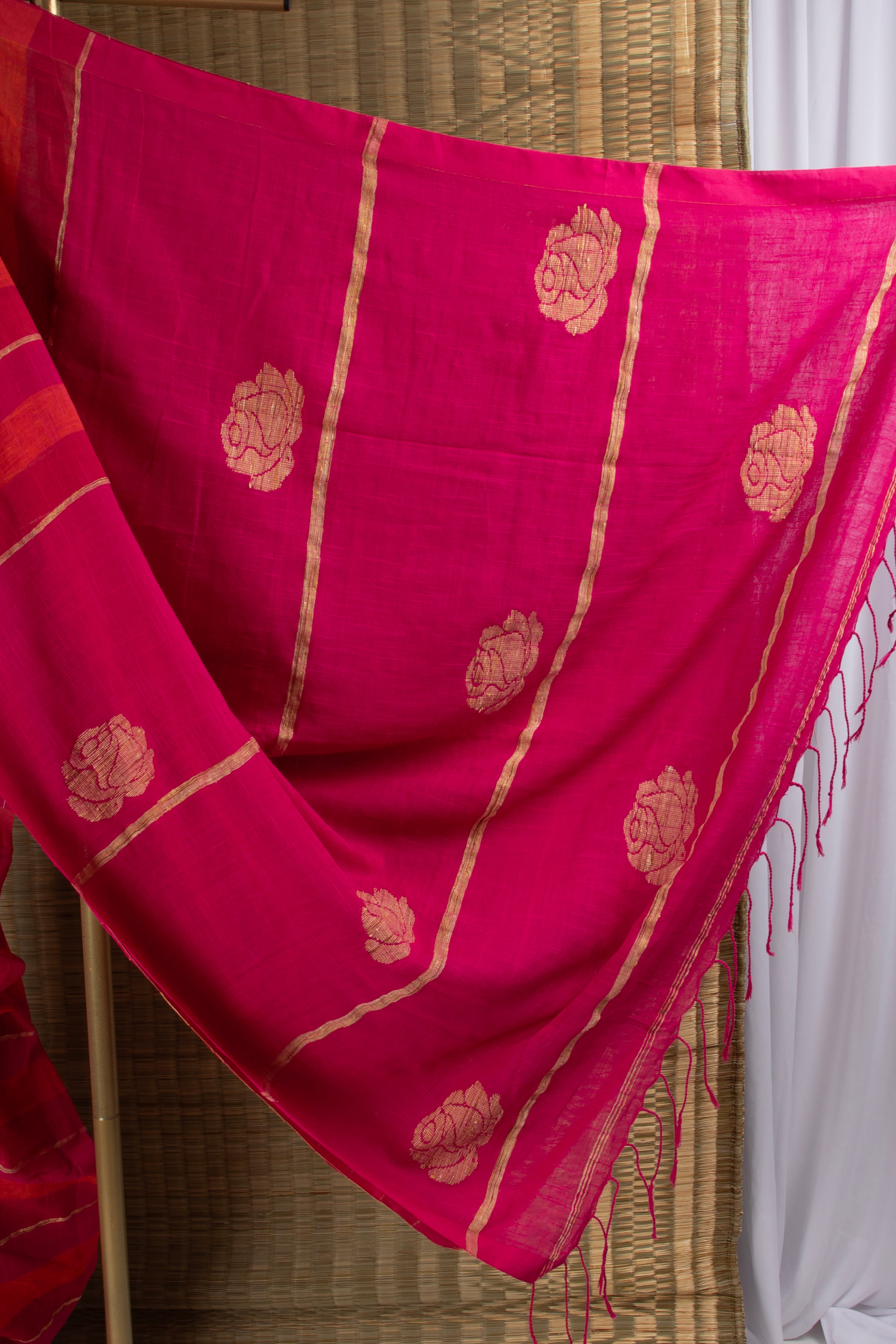 Pink multi stripe jute linen saree