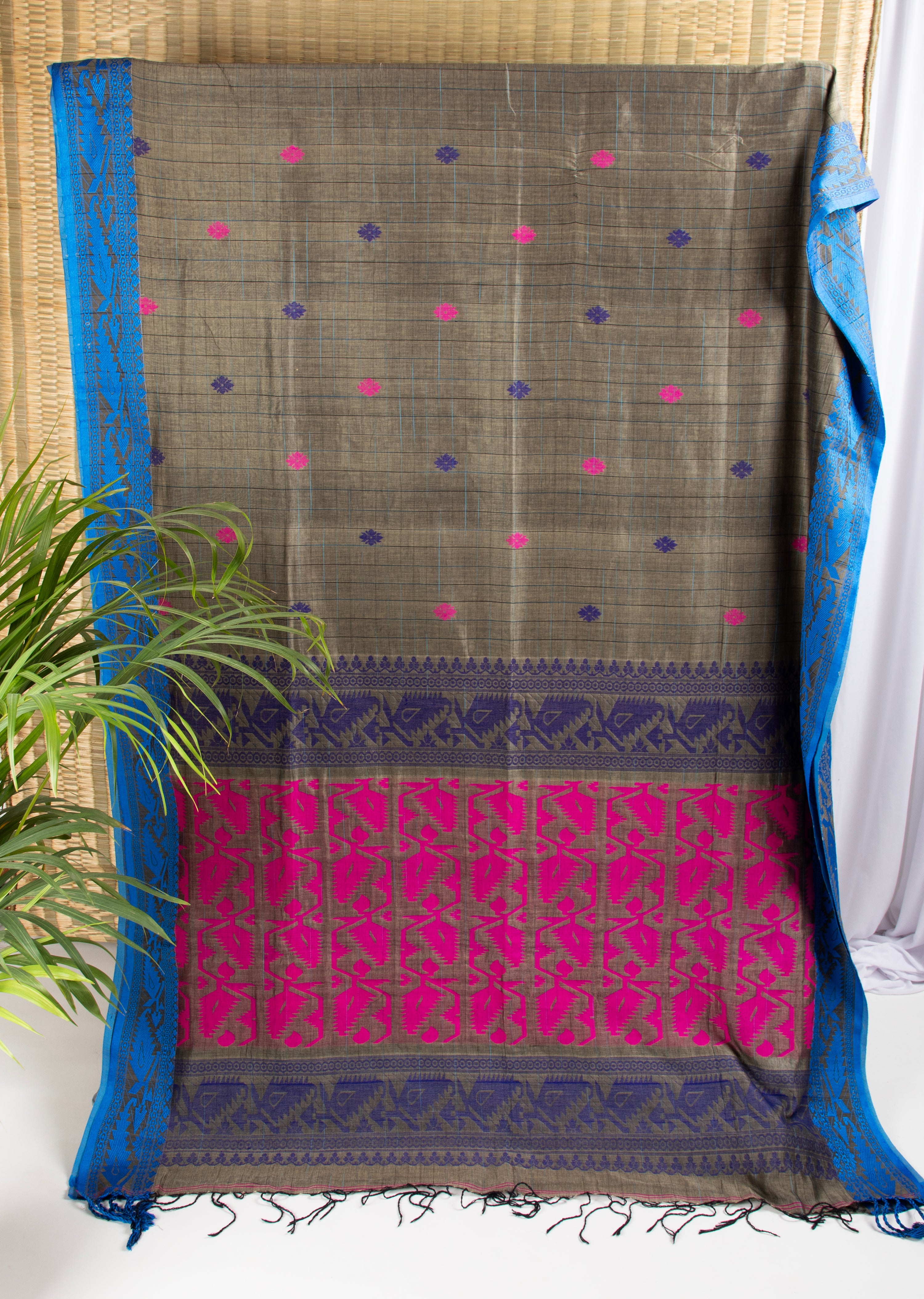 Mud grey cotton saree with ganga jamuna border