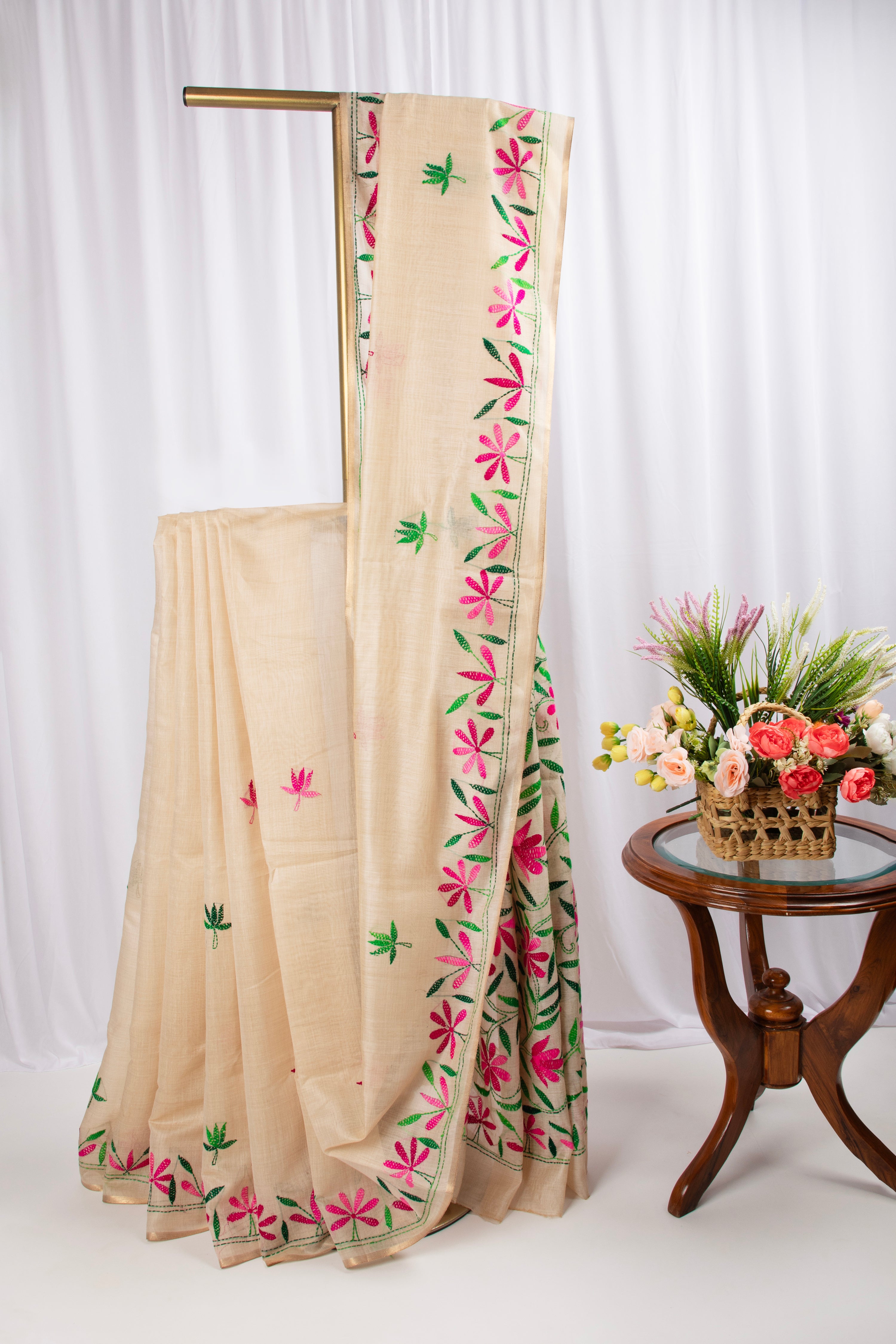 Cotton and tussar mix kantha stitch saree