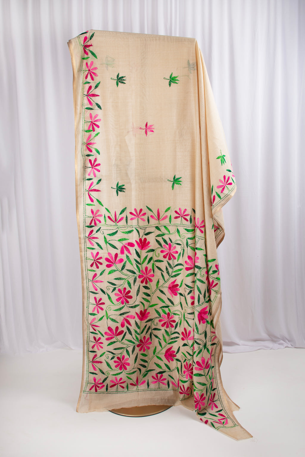 Cotton and tussar mix kantha stitch saree