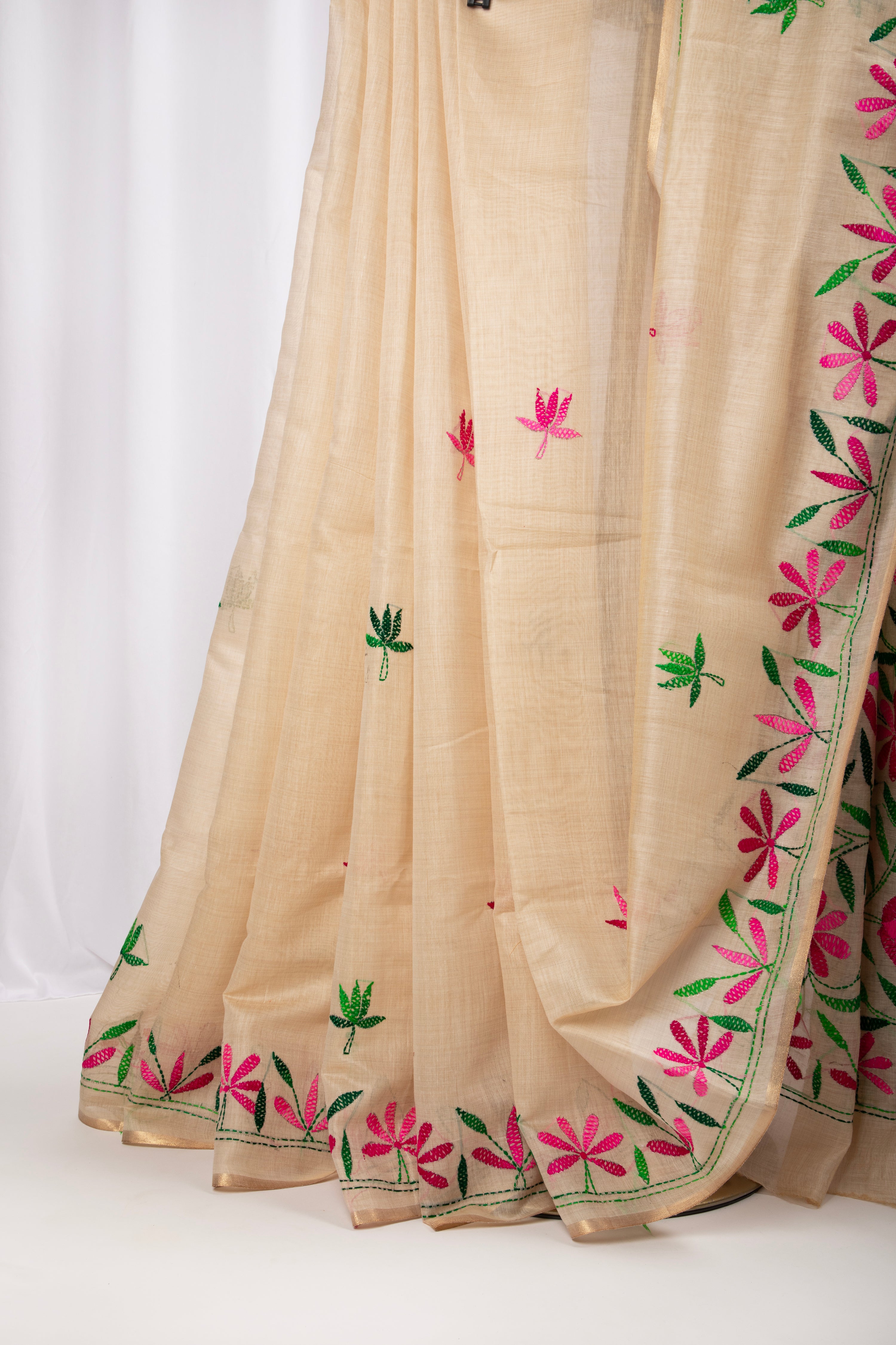 Cotton and tussar mix kantha stitch saree