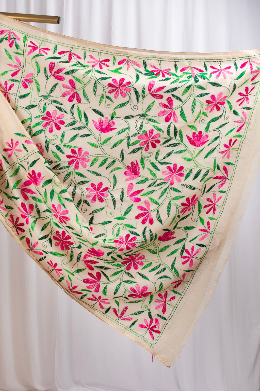 Cotton and tussar mix kantha stitch saree