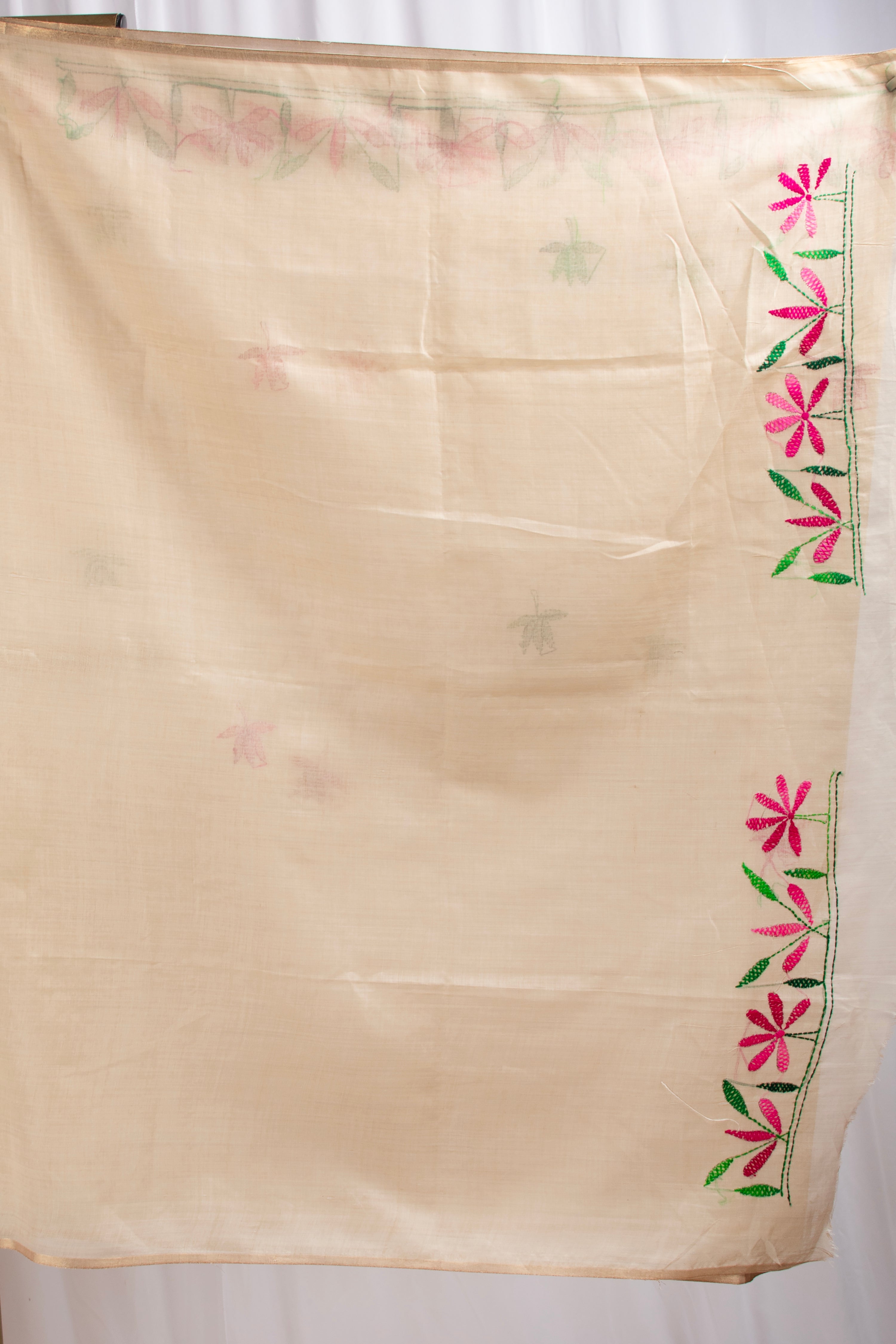 Cotton and tussar mix kantha stitch saree