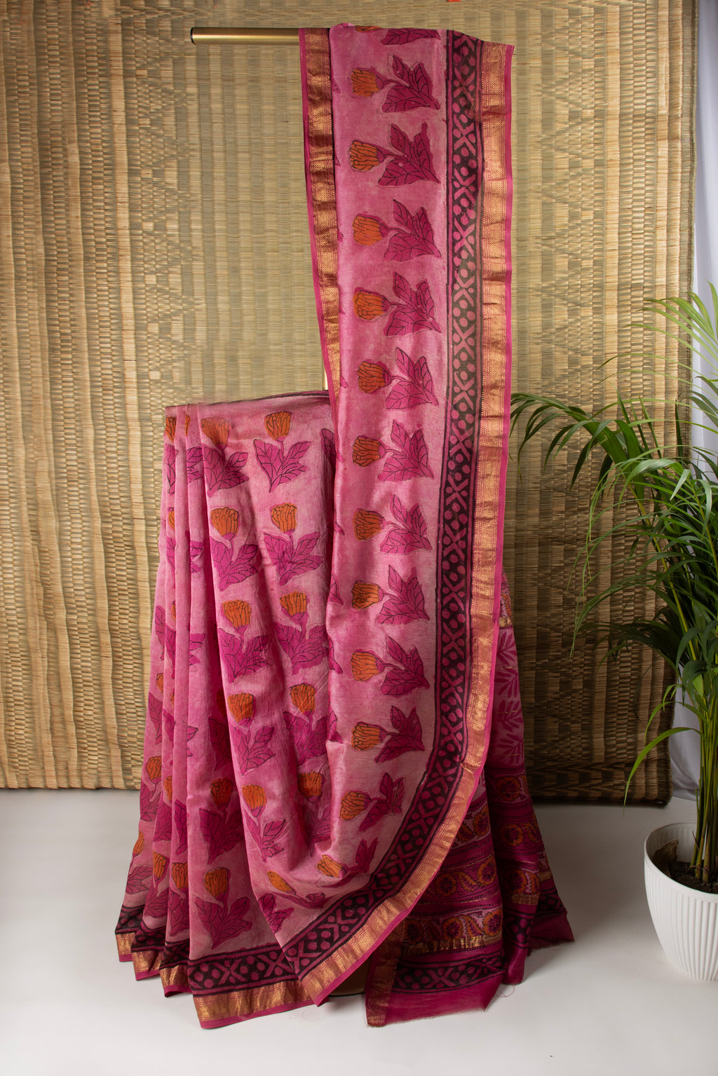 Pink silk cotton hand block print saree