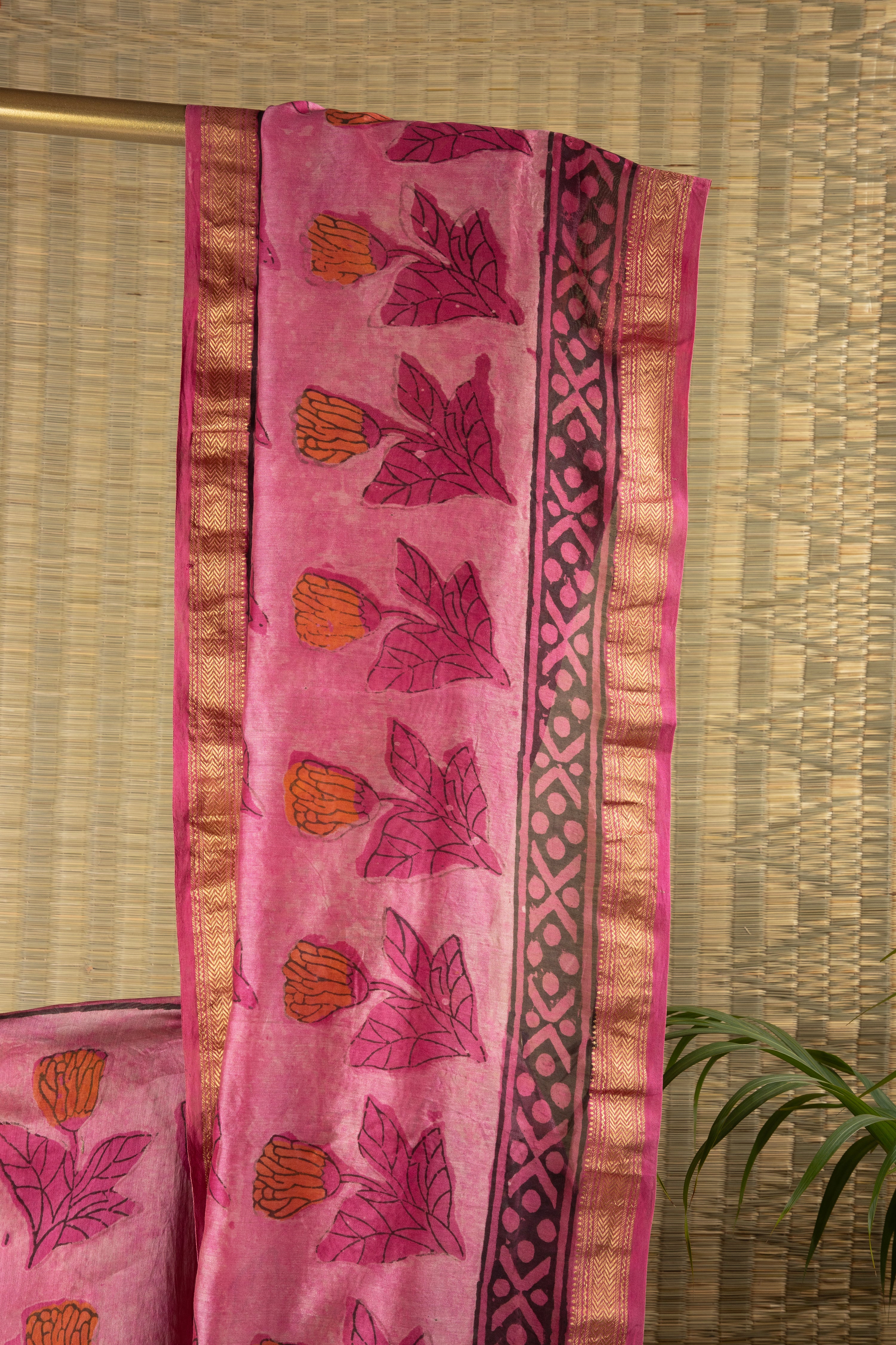 Pink silk cotton hand block print saree