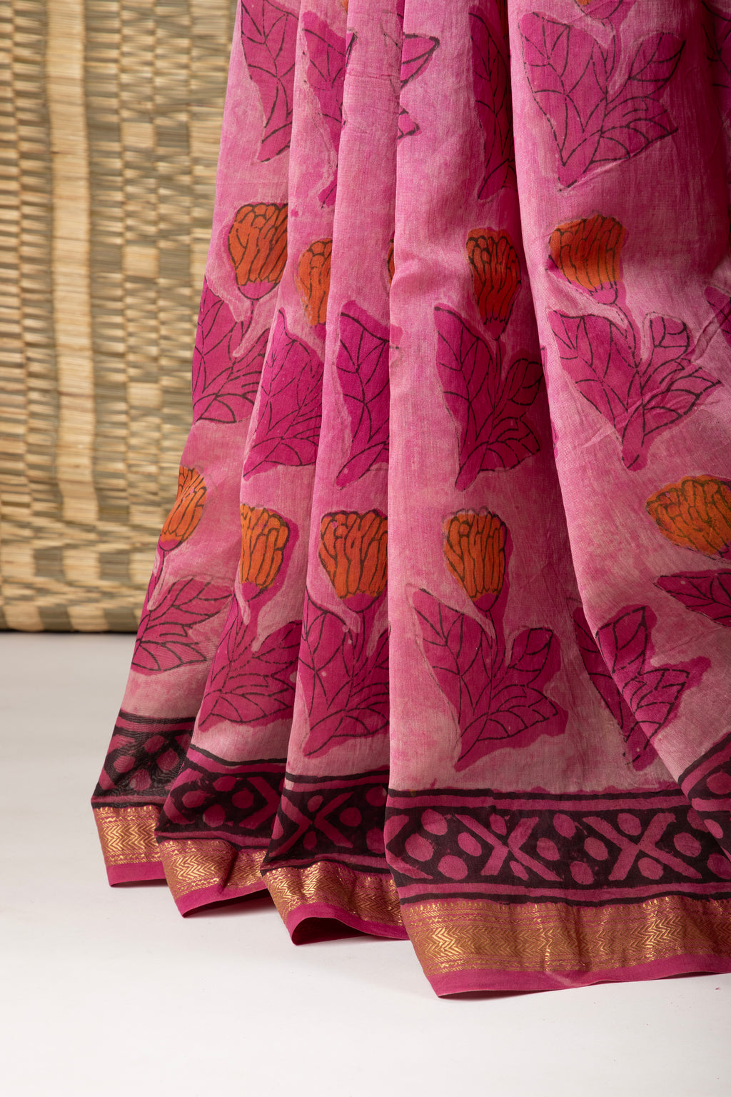 Pink silk cotton hand block print saree