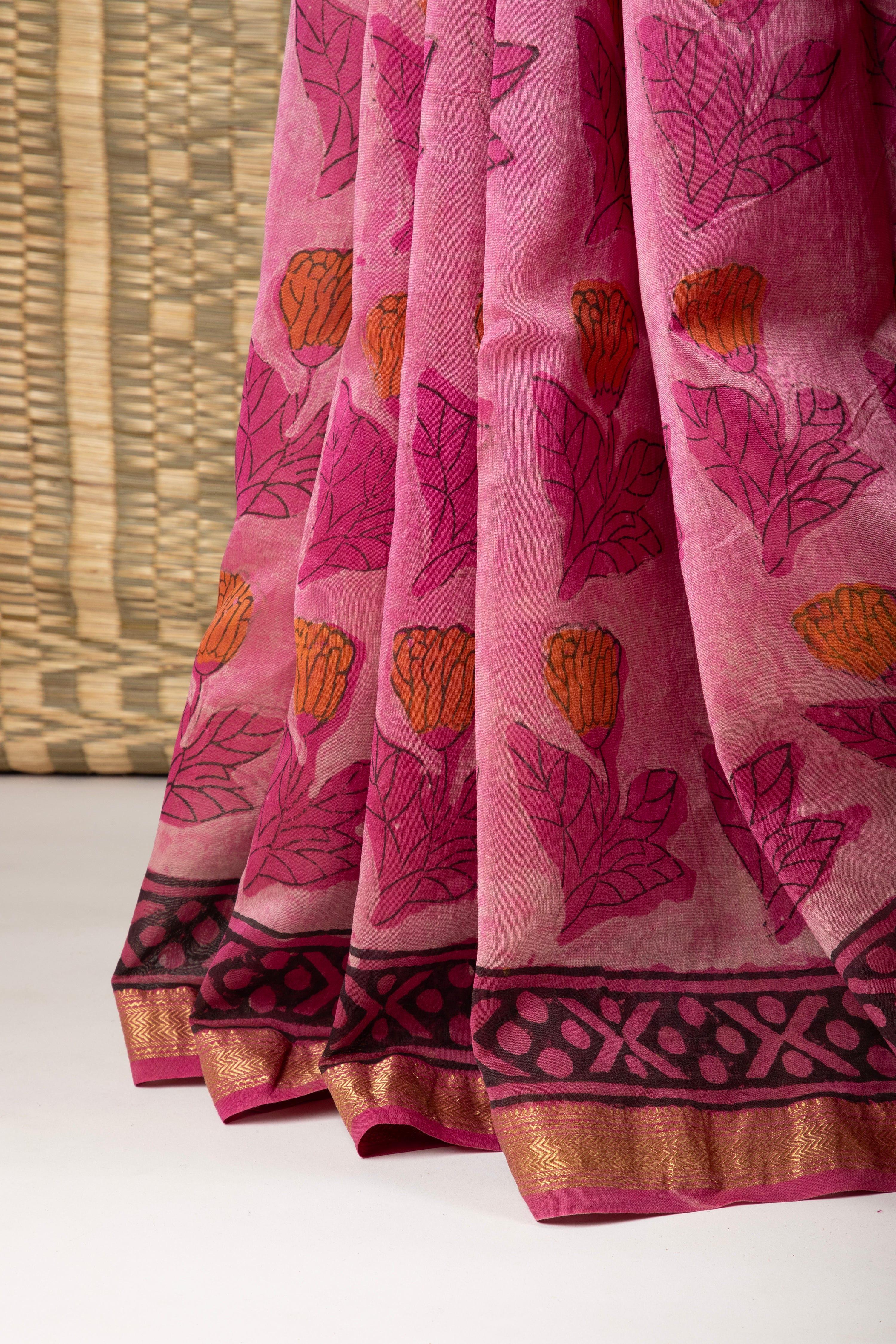 Pink silk cotton hand block print saree