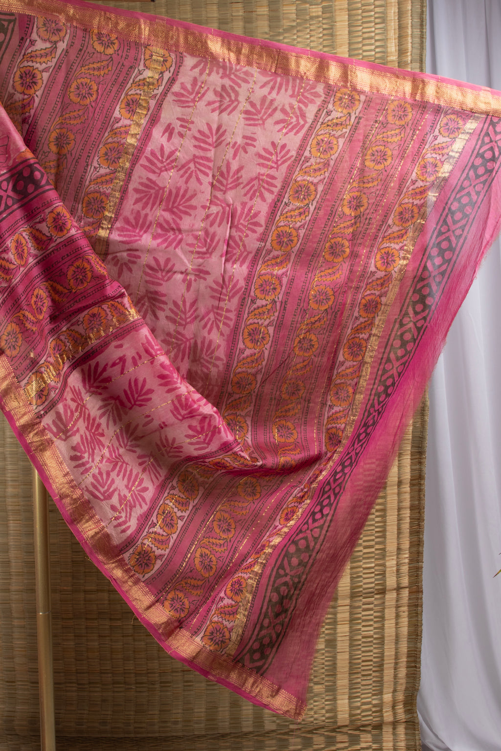 Pink silk cotton hand block print saree