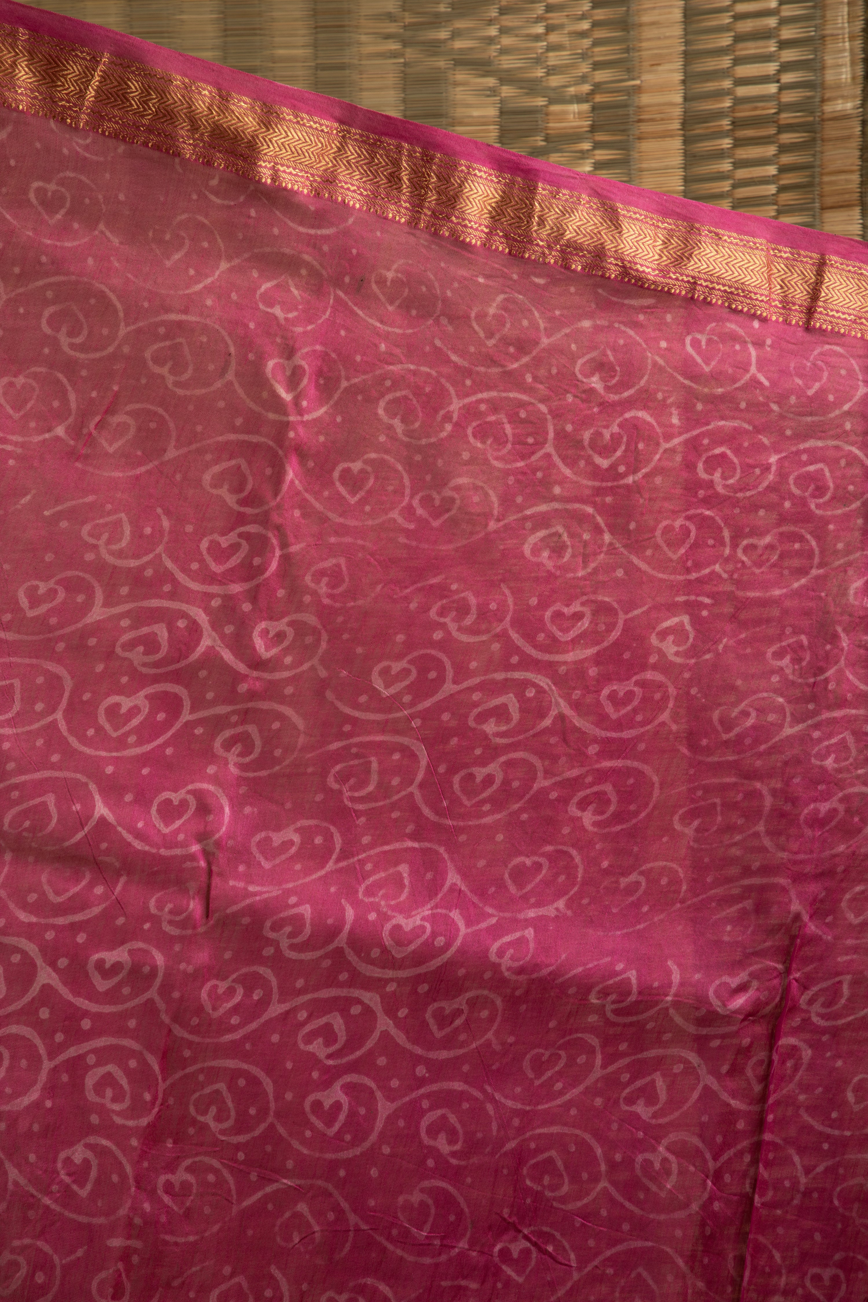 Pink silk cotton hand block print saree