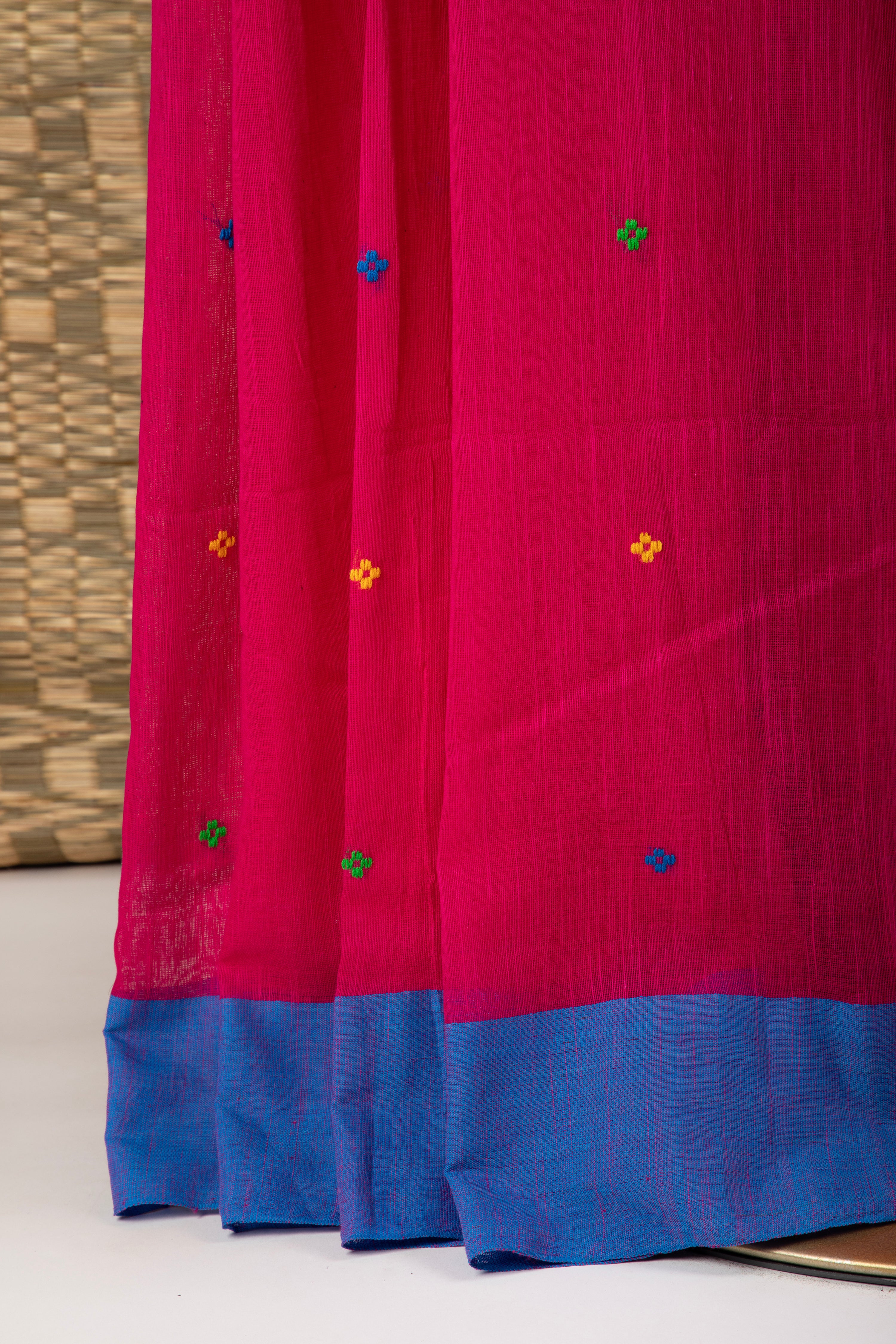 Magenta pink handloom saree with blue border