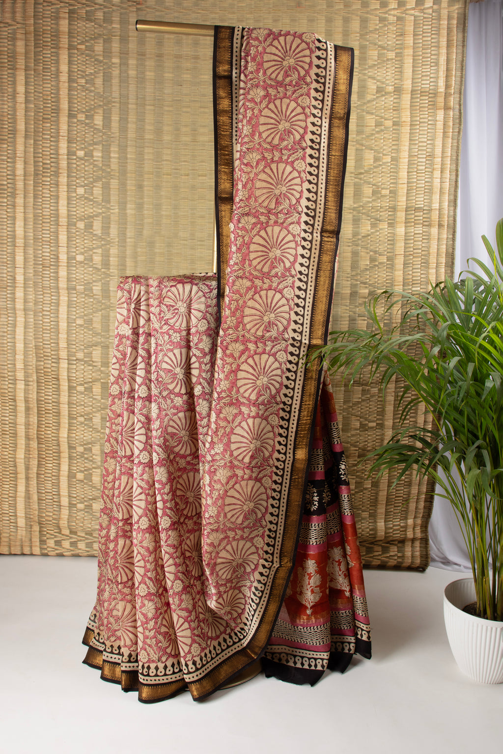 Pink floral silk cotton block print saree