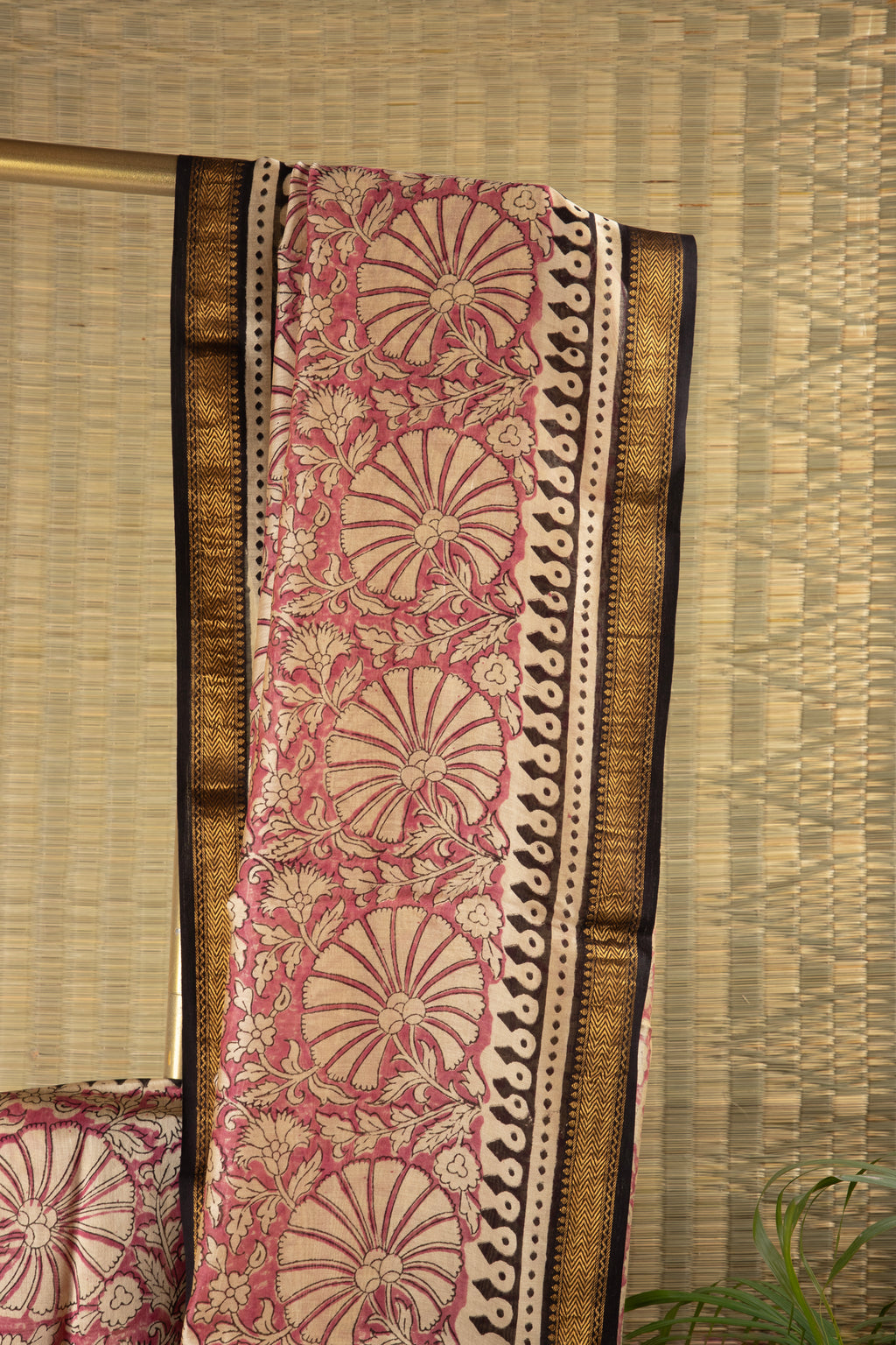 Pink floral silk cotton block print saree
