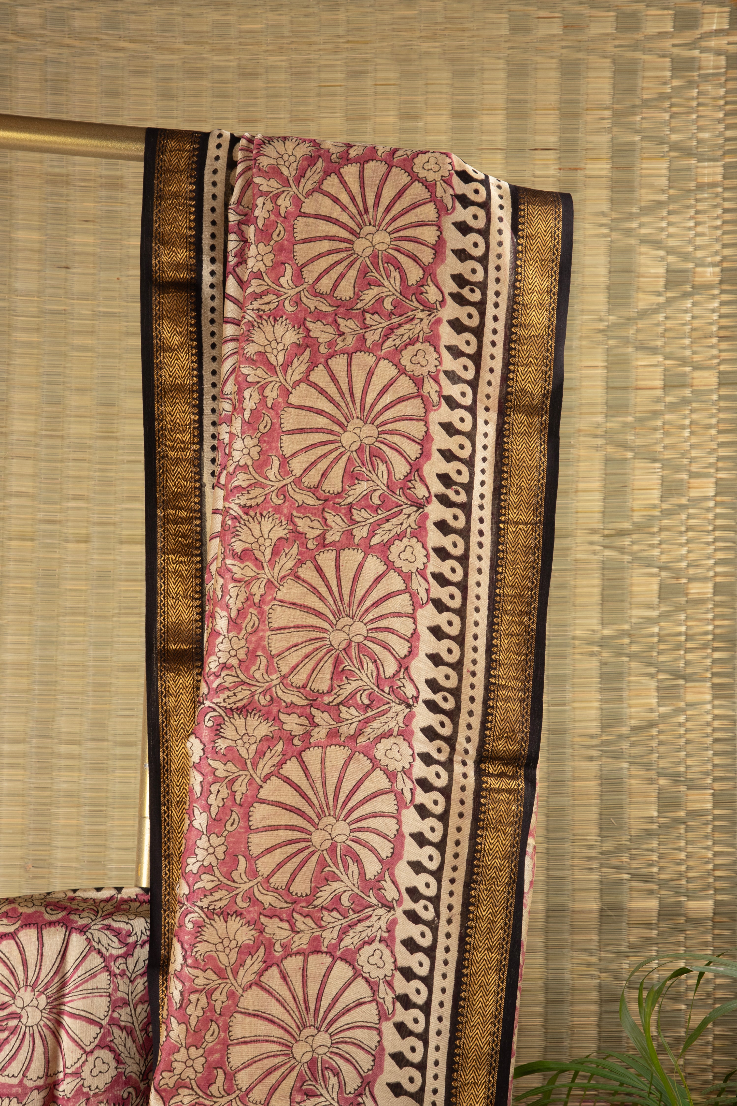 Pink floral silk cotton block print saree