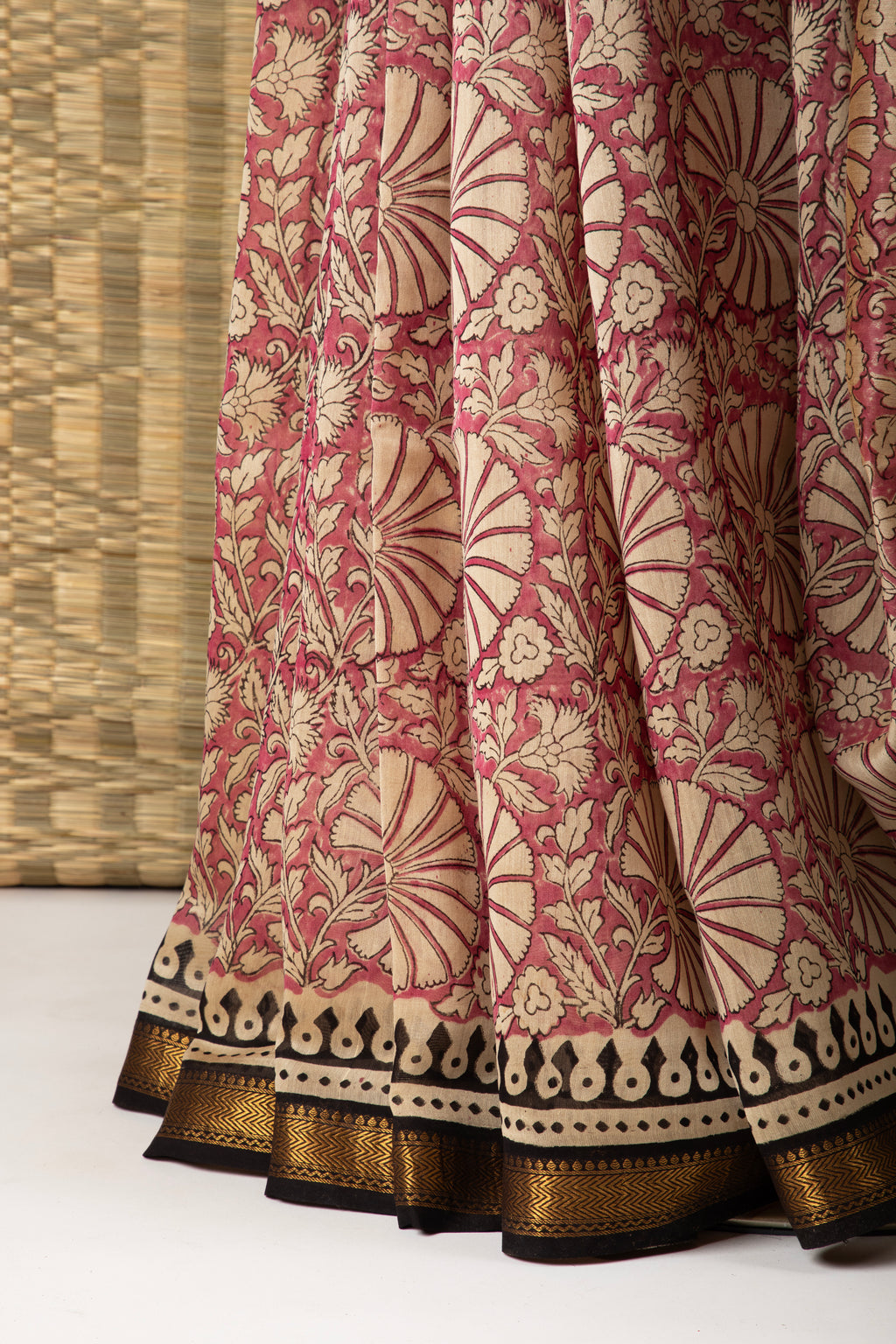 Pink floral silk cotton block print saree