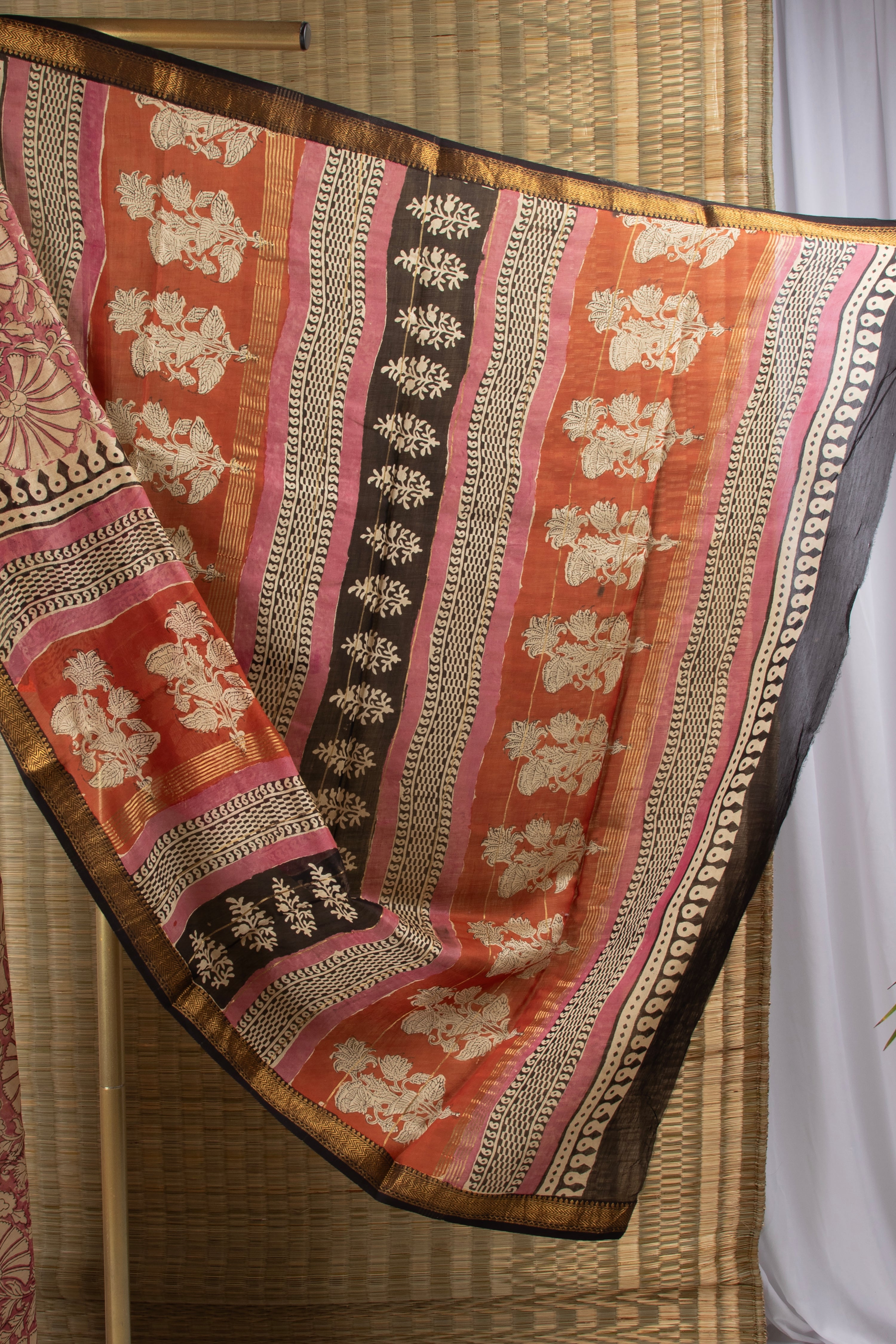Pink floral silk cotton block print saree
