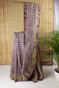 Purple and yellow silk cotton block print saree