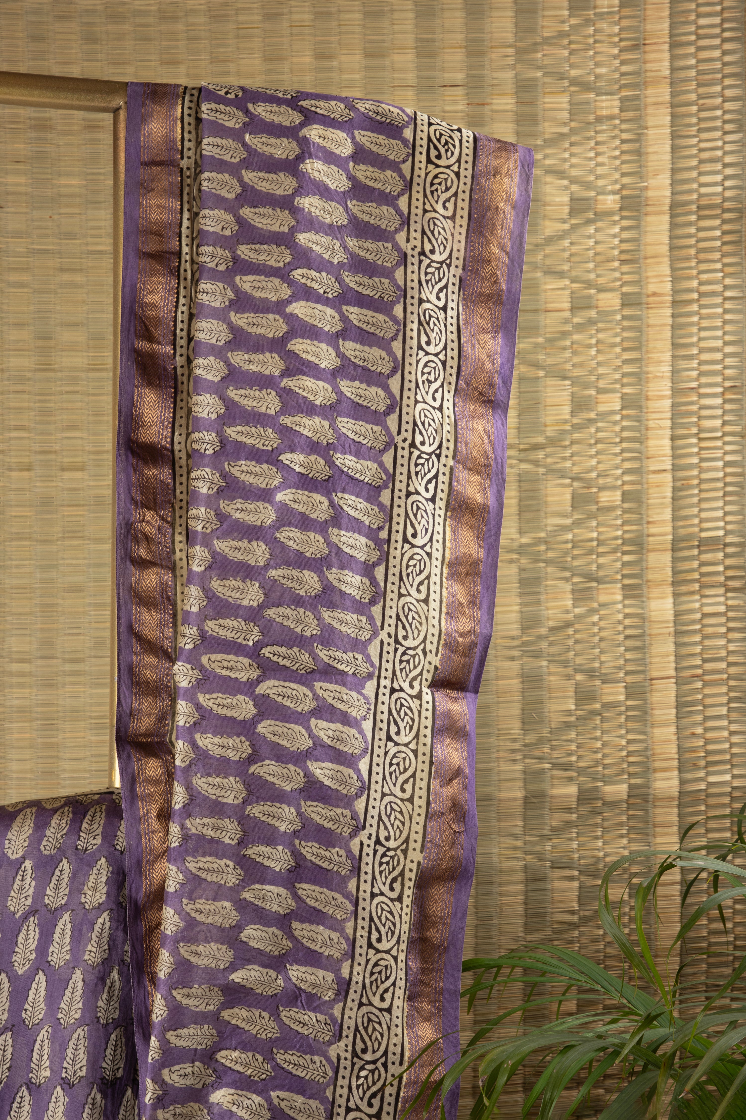 Purple and yellow silk cotton block print saree