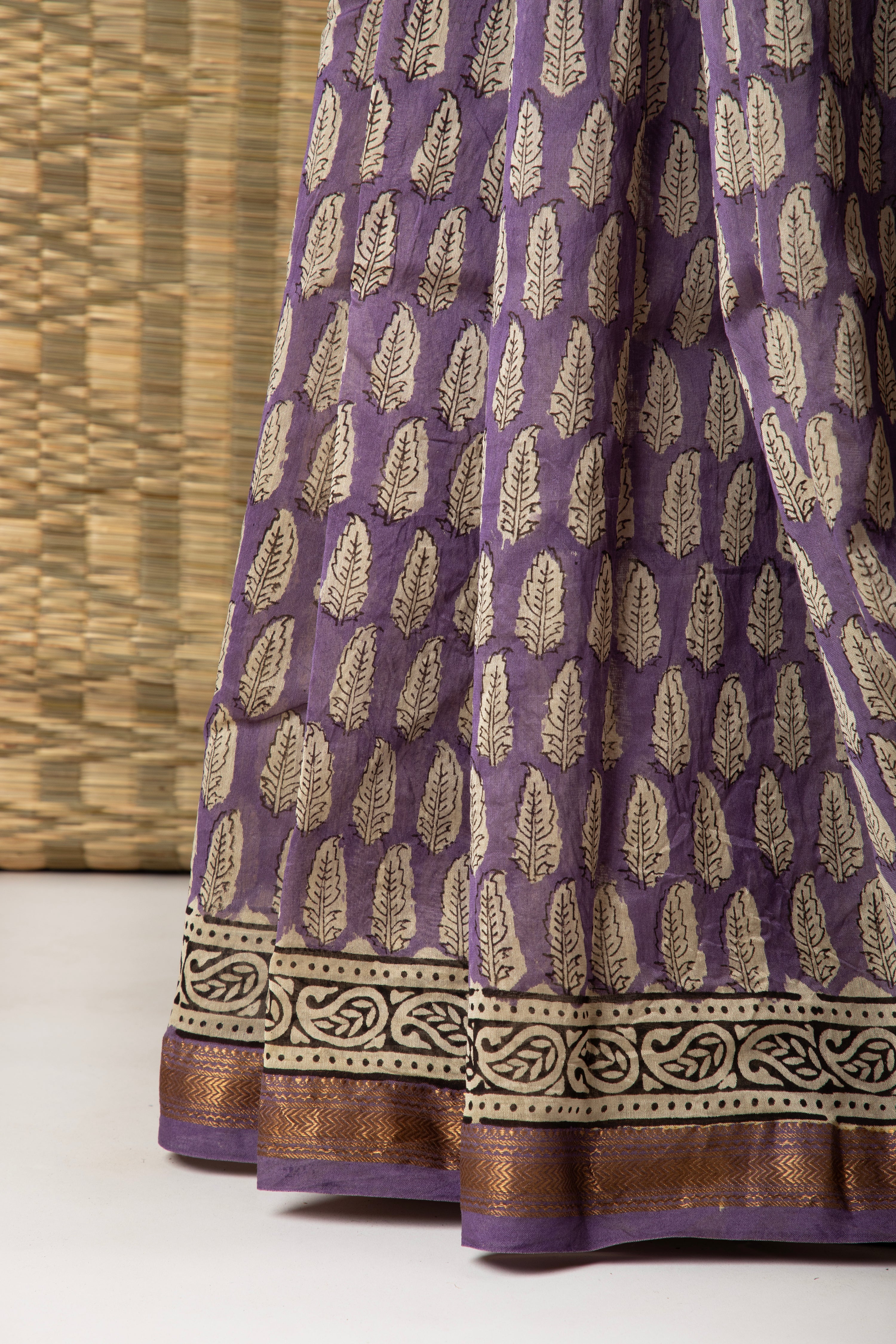 Purple and yellow silk cotton block print saree
