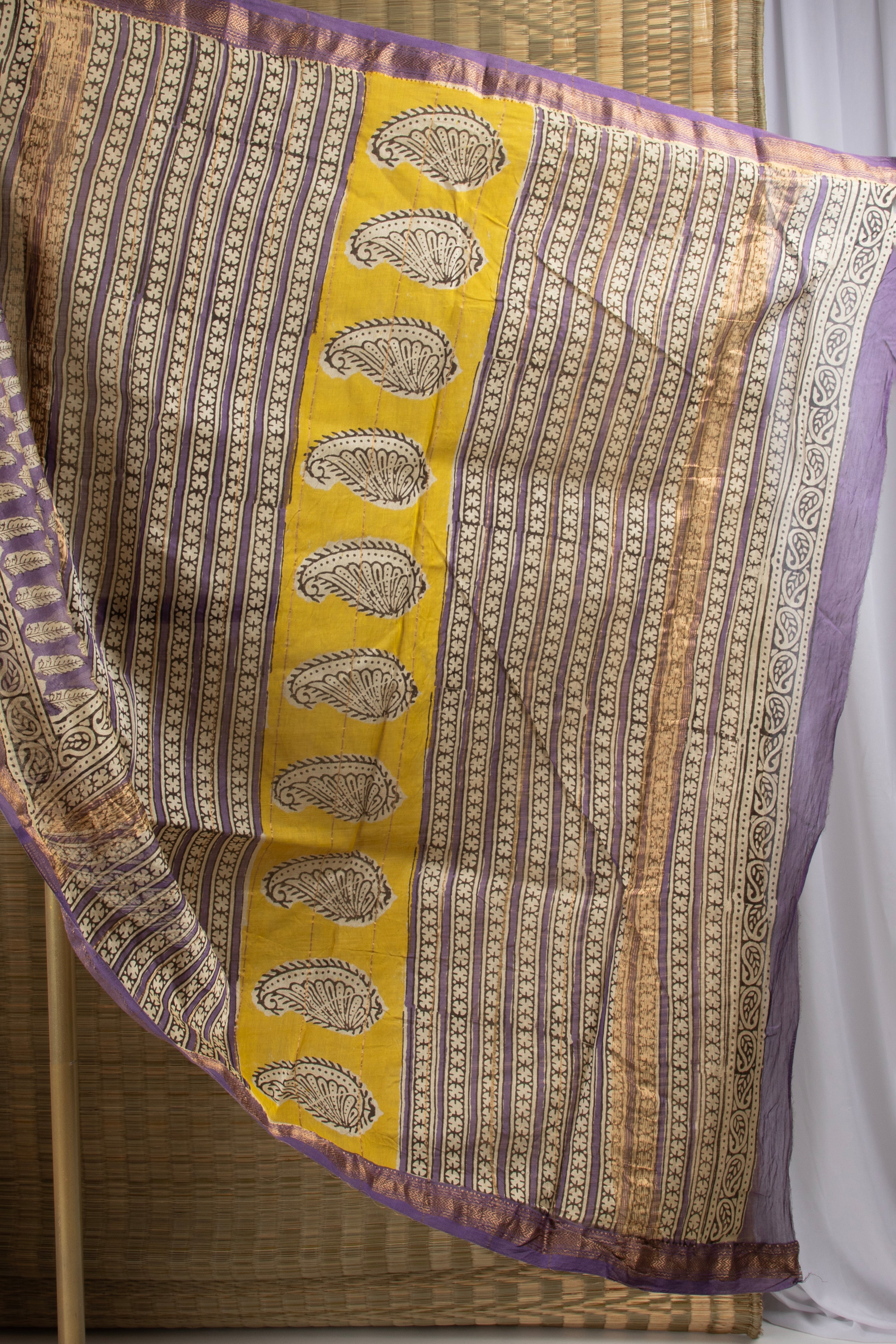 Purple and yellow silk cotton block print saree