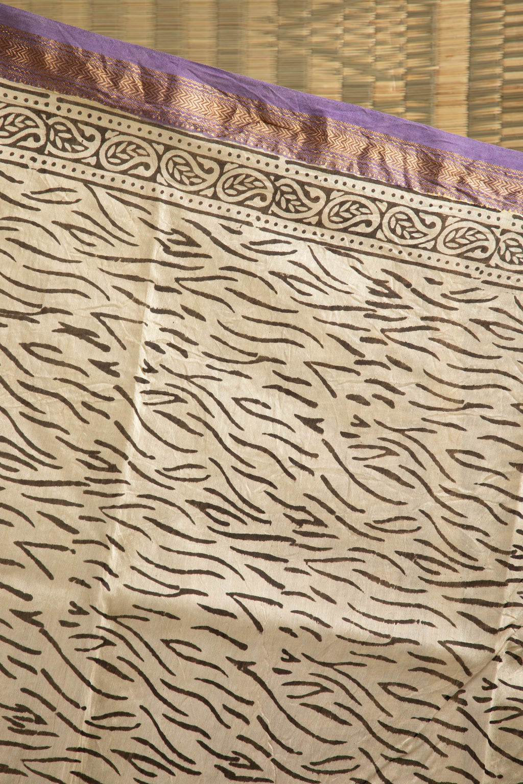 Purple and yellow silk cotton block print saree
