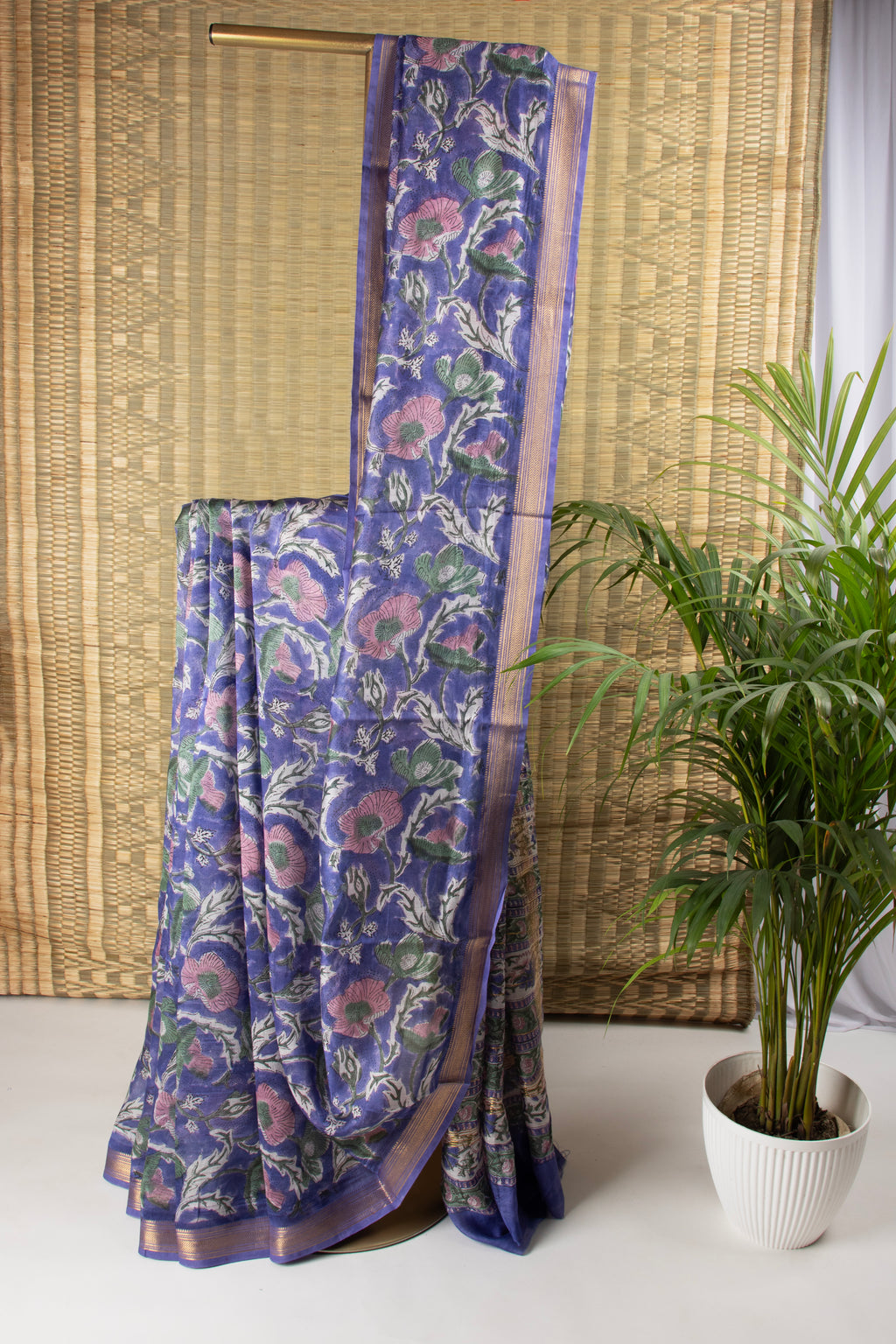 Purple floral silk cotton block print saree