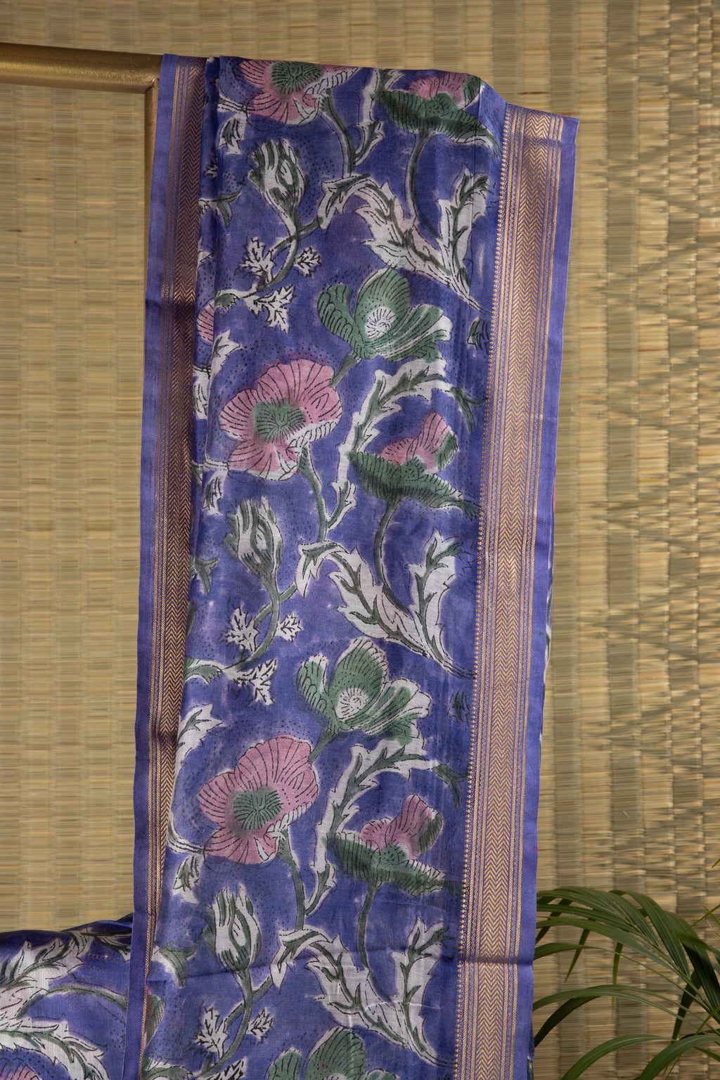 Purple floral silk cotton block print saree