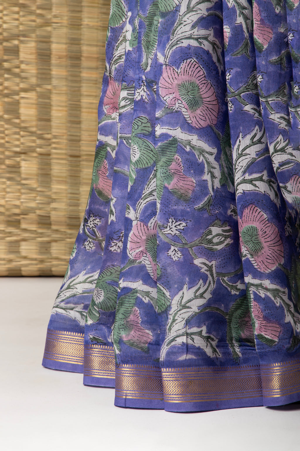 Purple floral silk cotton block print saree