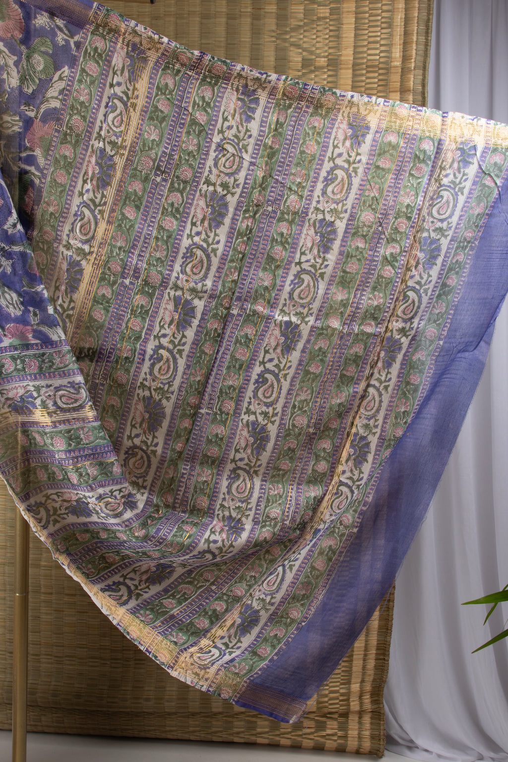 Purple floral silk cotton block print saree