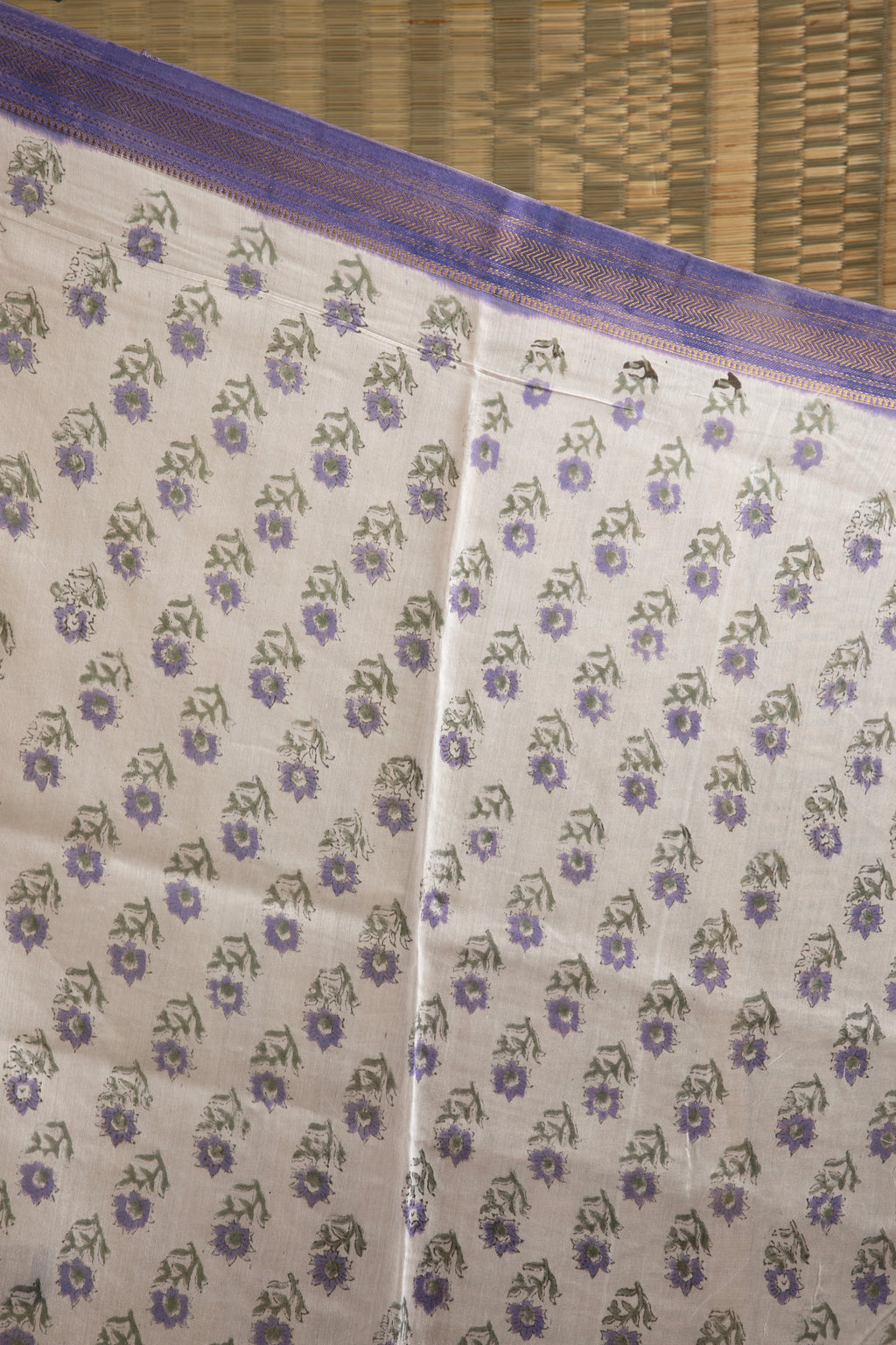 Purple floral silk cotton block print saree