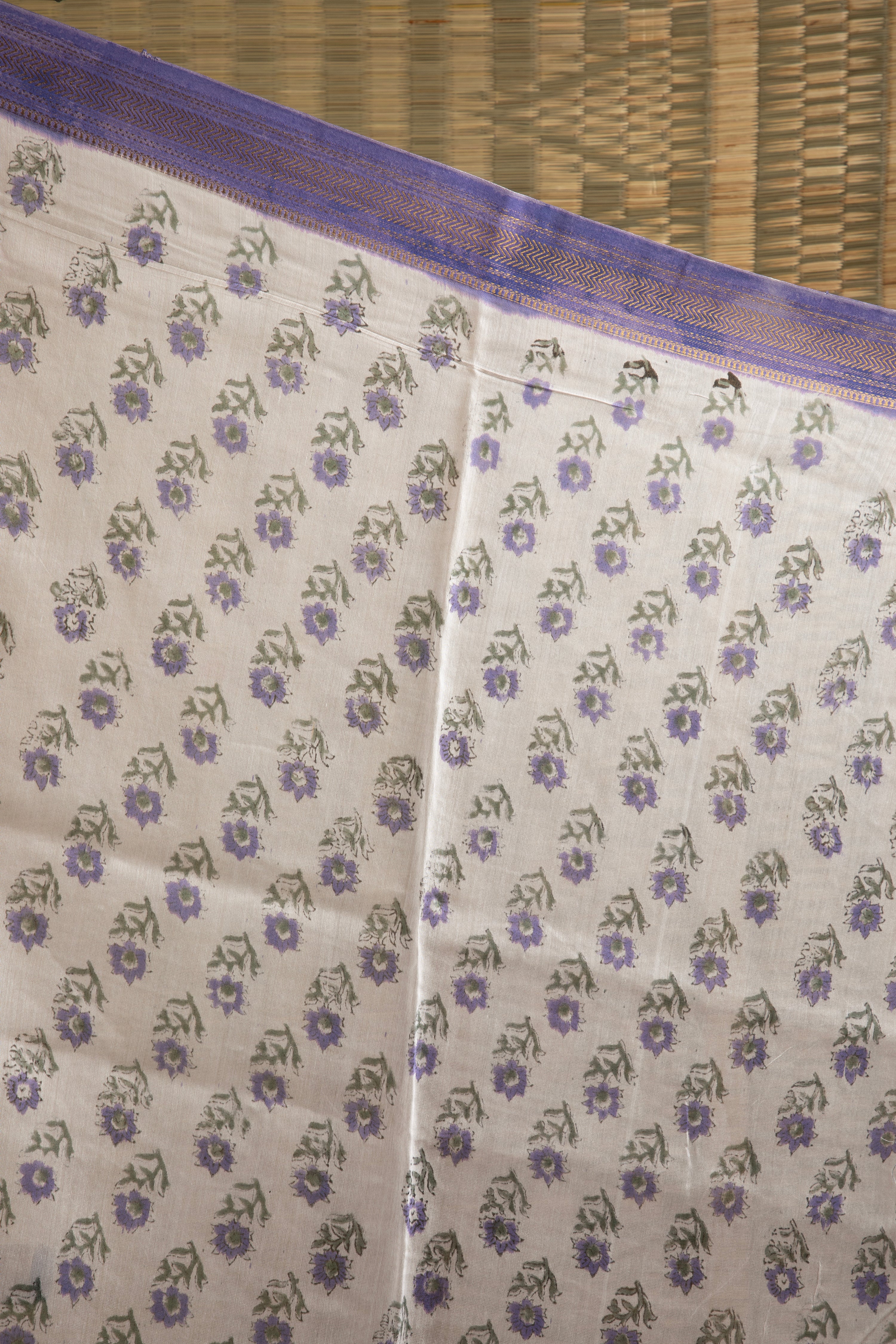 Purple floral silk cotton block print saree