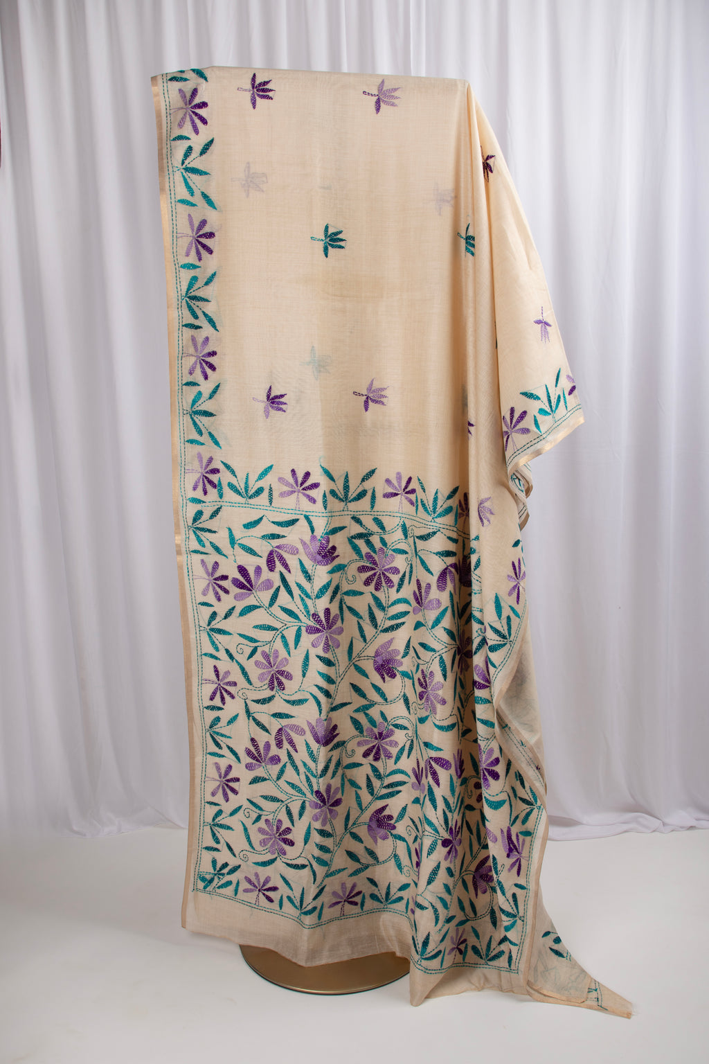 Cotton and tussar kantha stitch saree